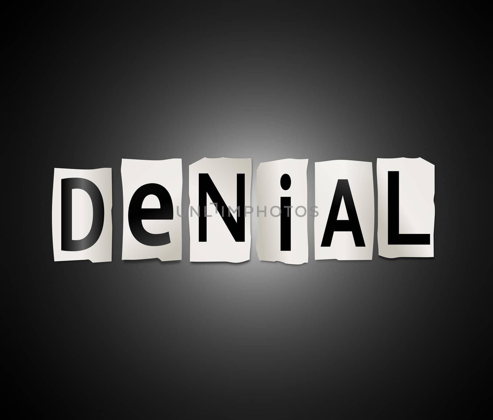Illustration depicting cutout printed letters arranged to form the word denial.