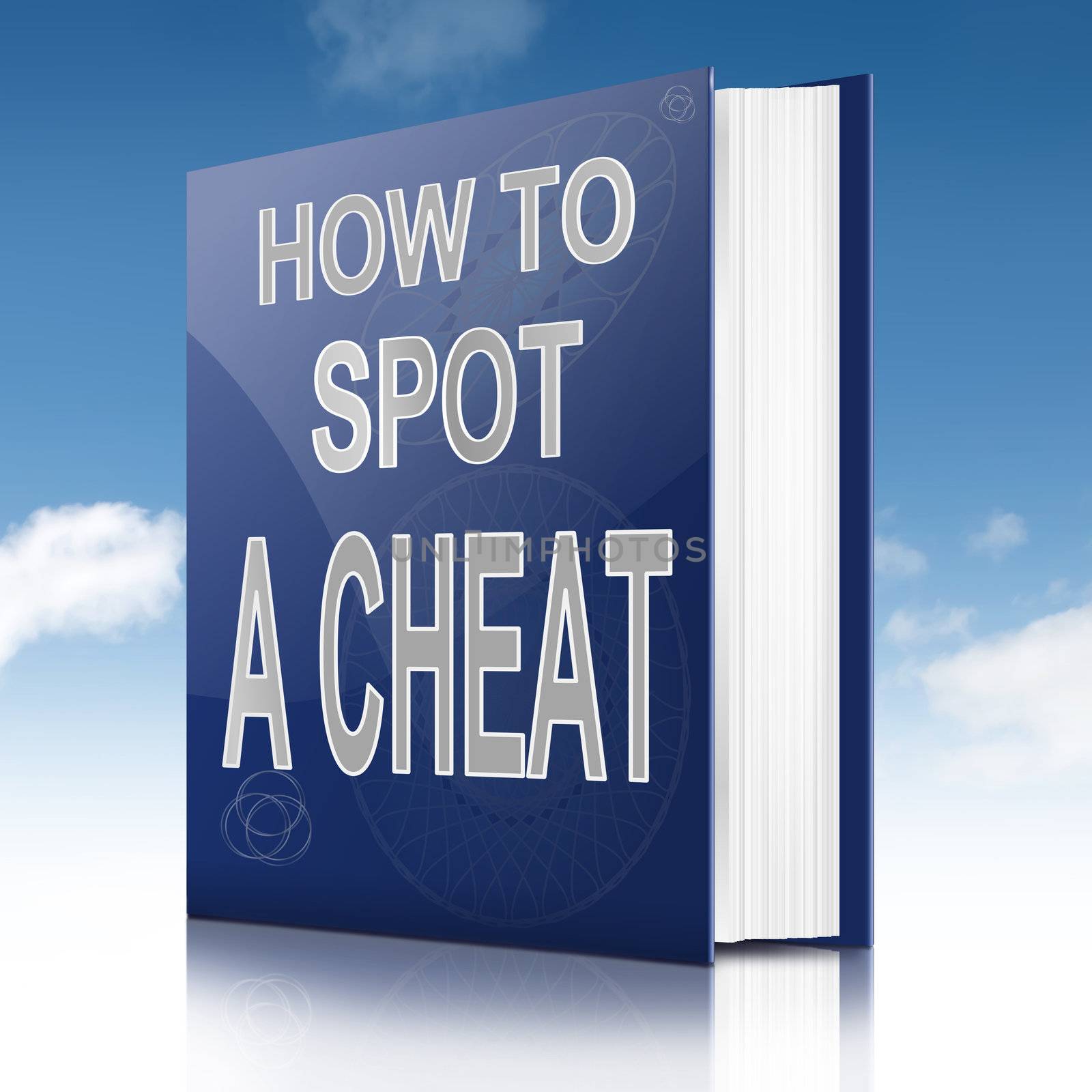 Illustration depicting a text book with a cheating concept title. Sky background.