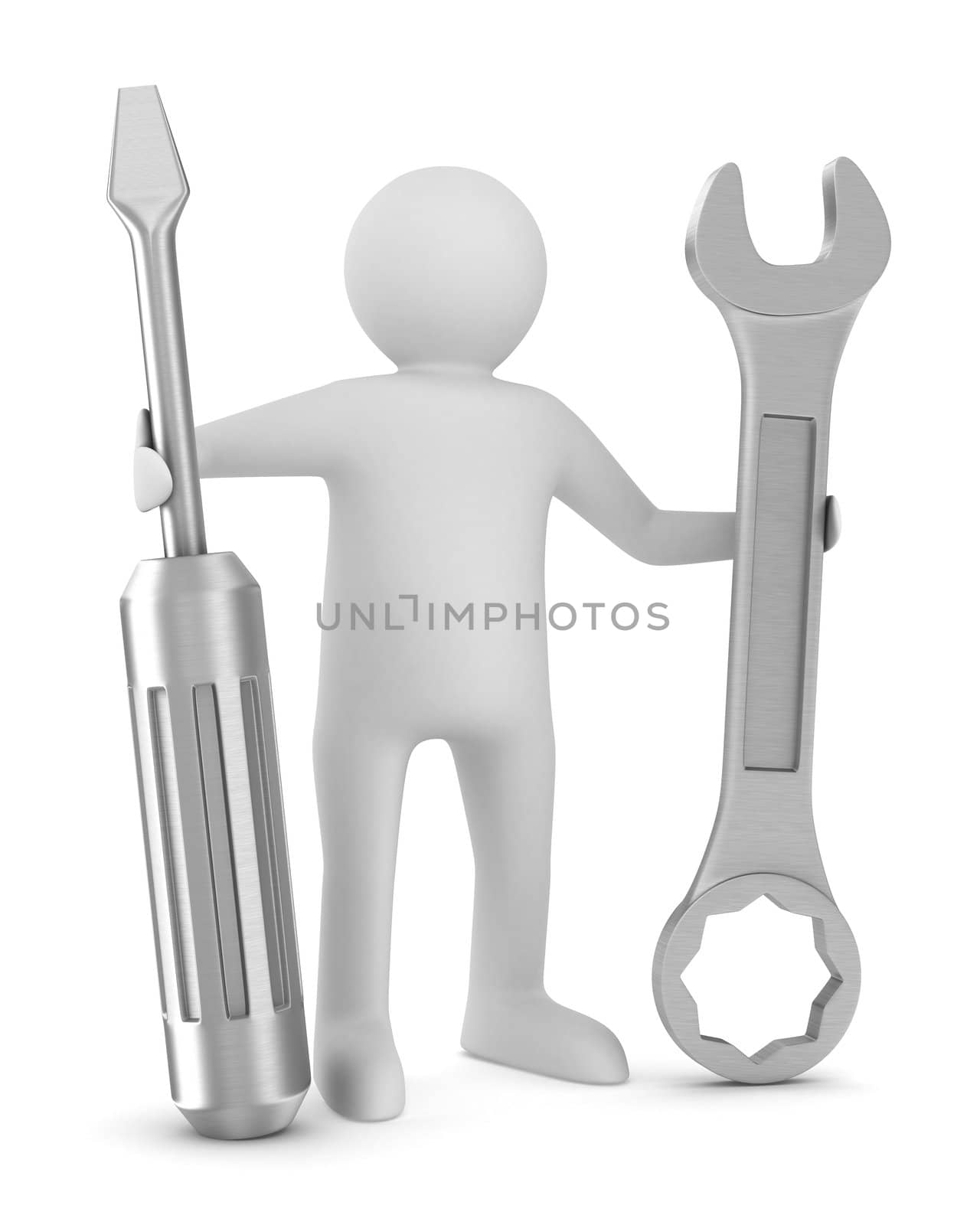 Man with screwdriver and spanner on white background. Isolated 3D image
