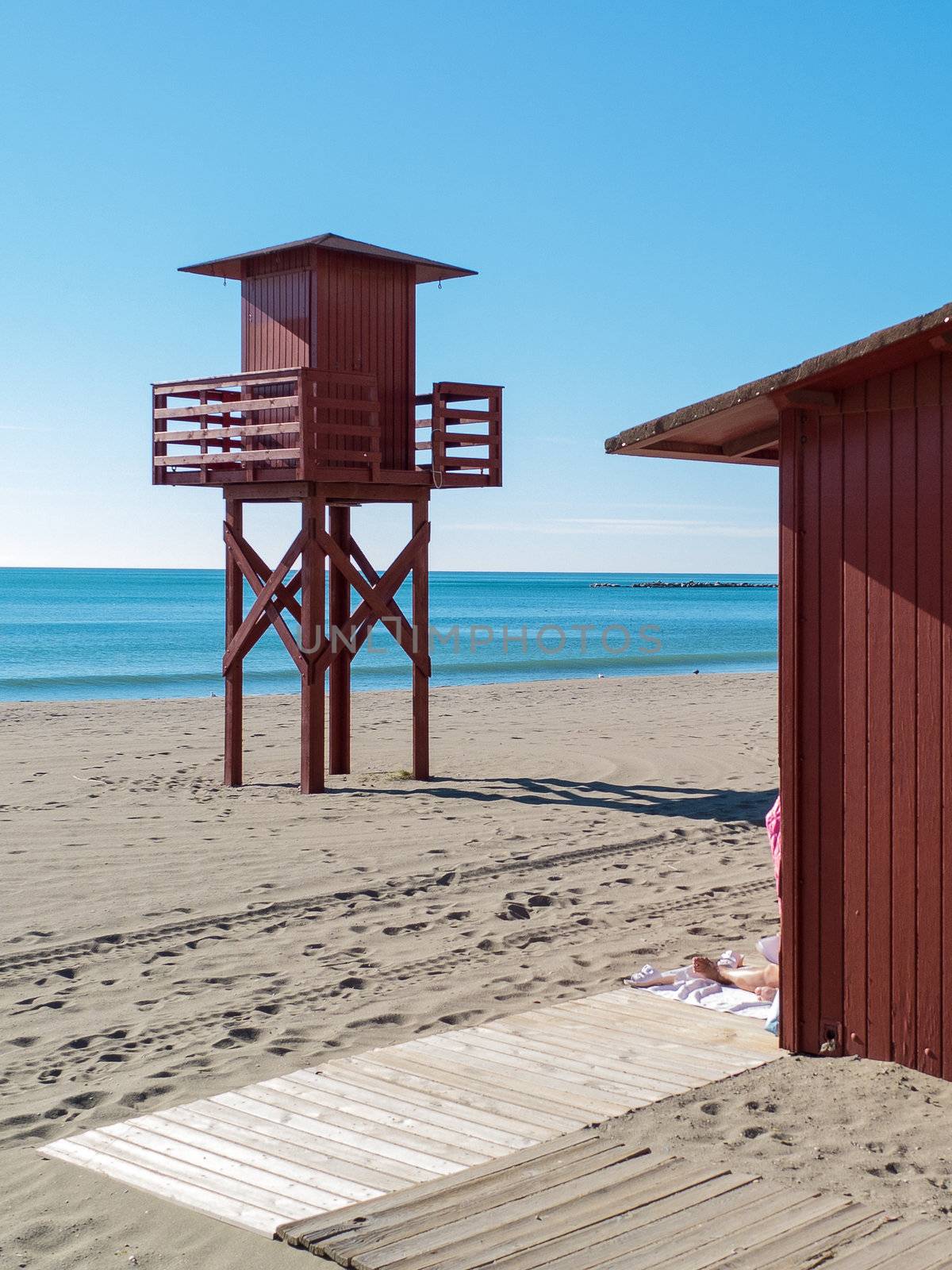 Life station on the empty Malaga beach