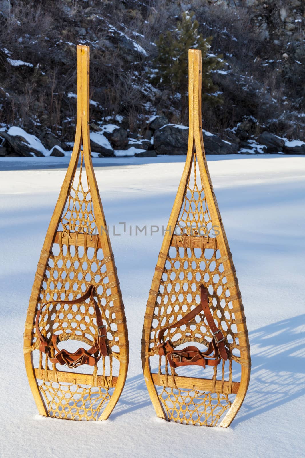 vintage wooden Huron snowshoes with leather binding in snow