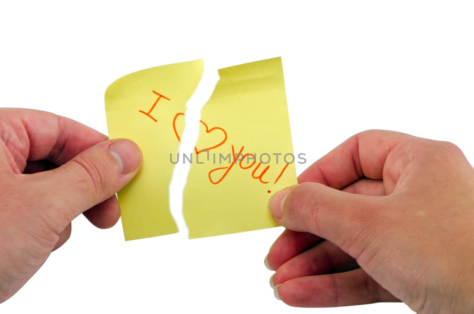 man and woman hands hold burst stick paper with phrase symbol I love you. Heartbrake concept. Isolated on white background