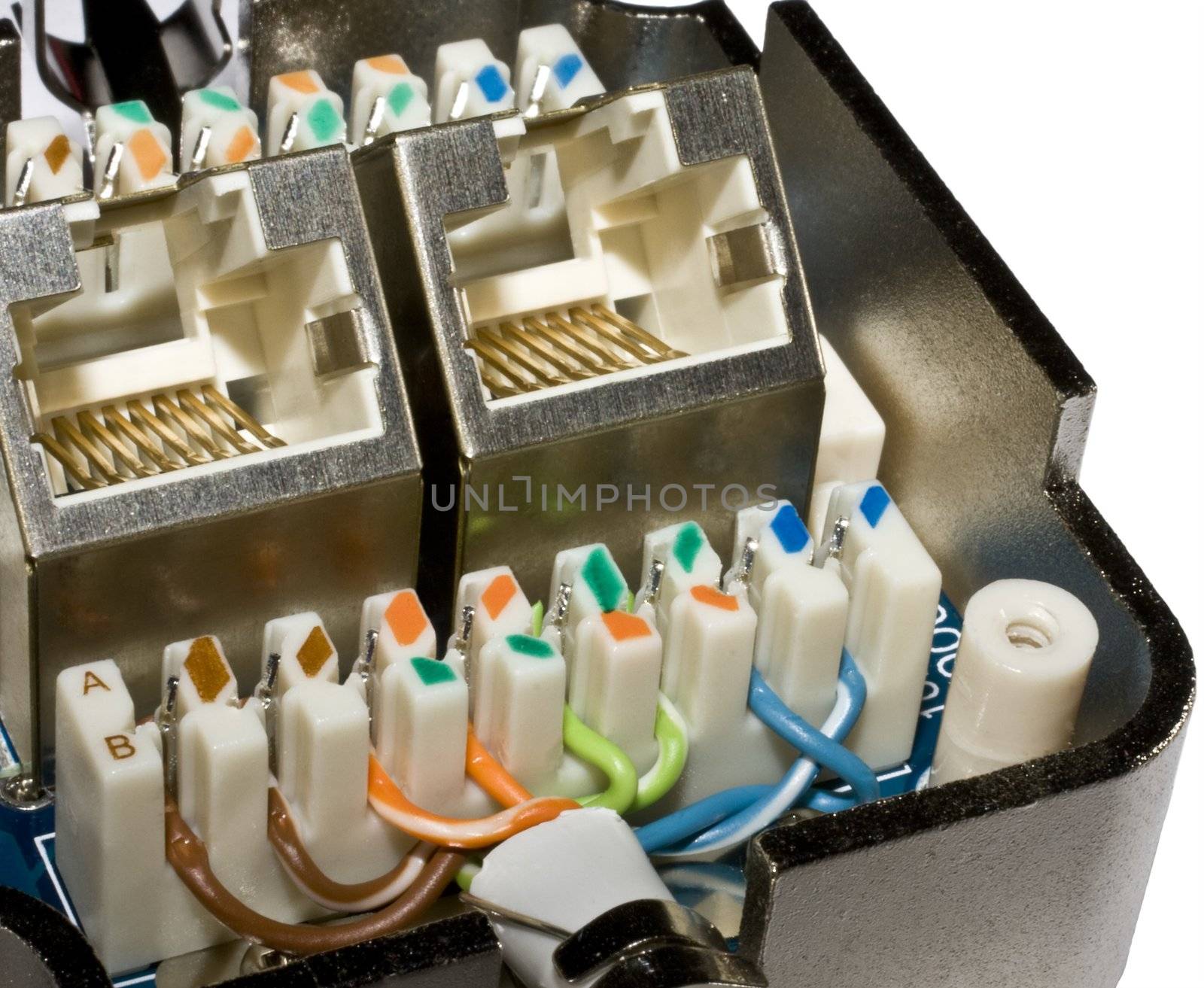 Open and wired Cat 5e network socket.