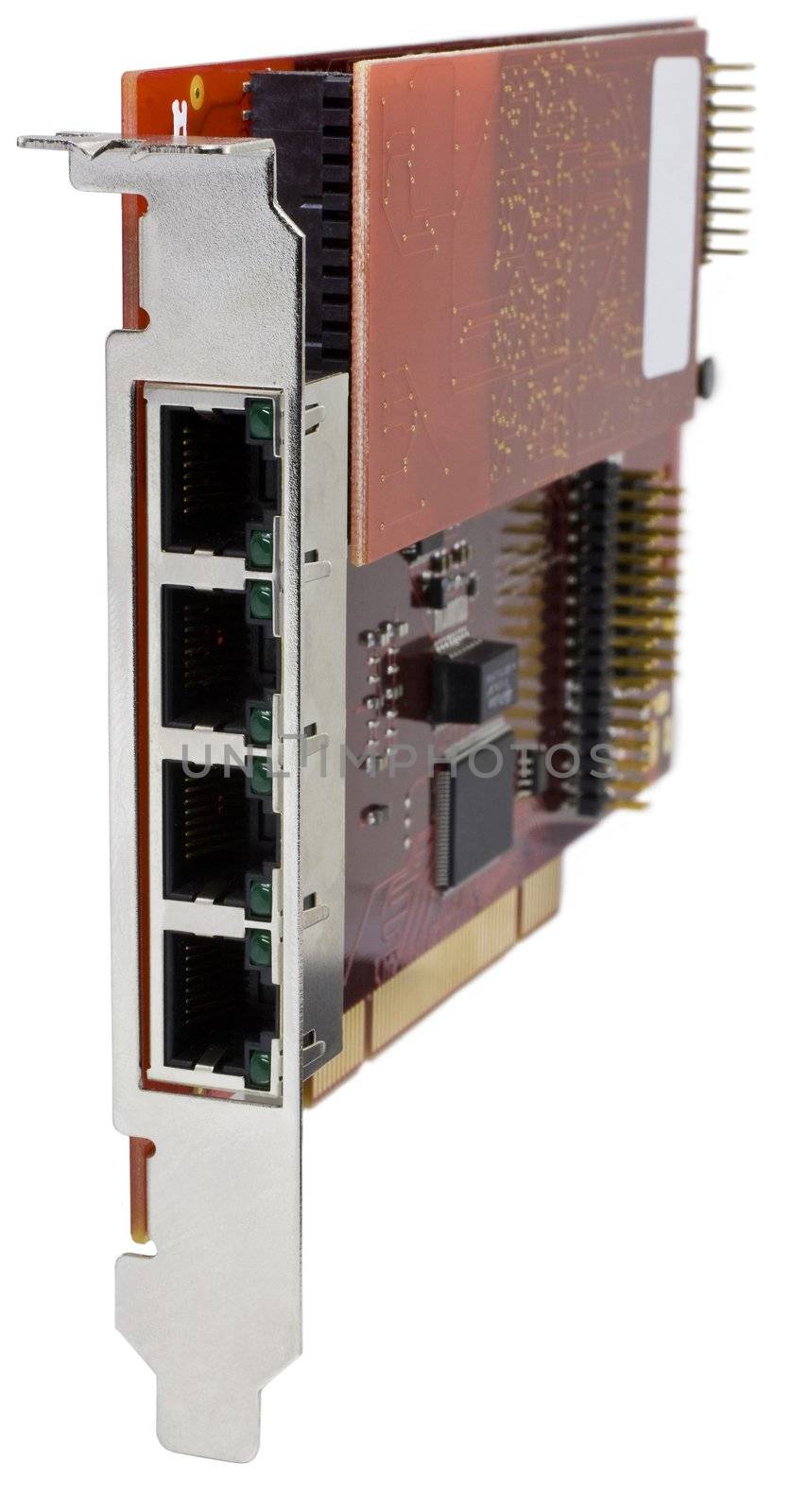 PCI-X Card with three FireWire 800 connectors. White background. The card is used to connect professional audio and video equipment.