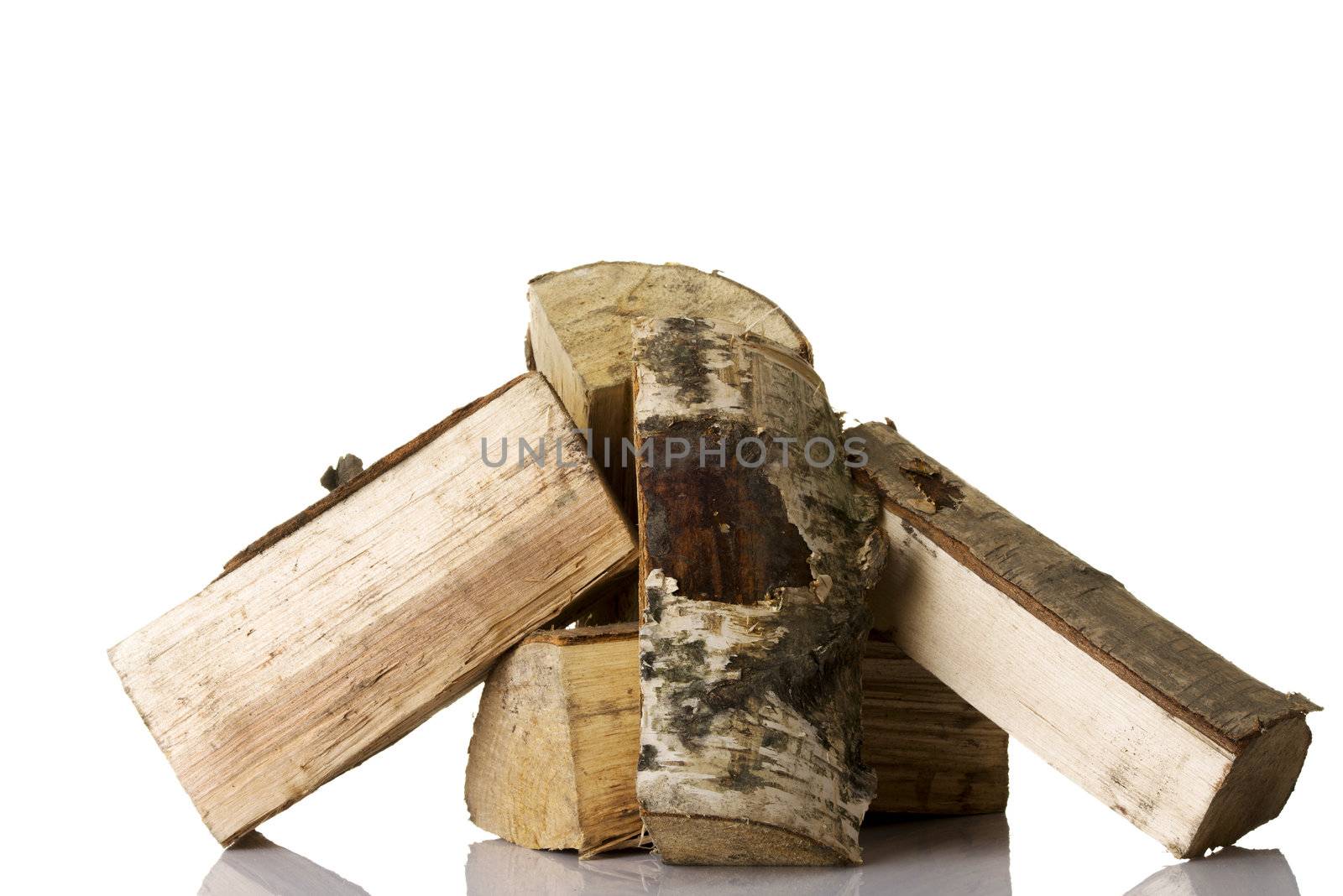 Cut log fire wood from birch-tree. Isolated on white.