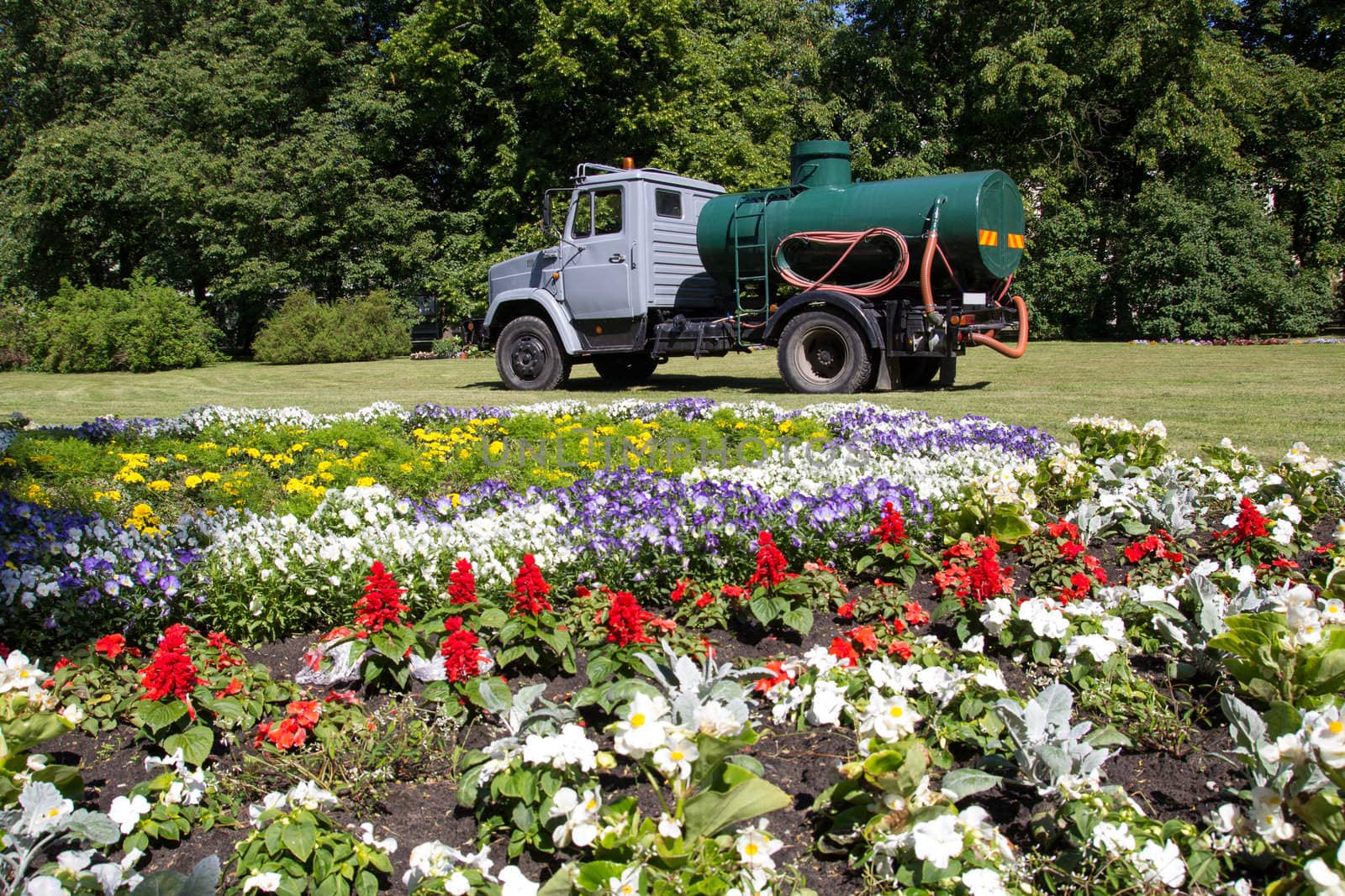 City park with a large flower bed and watering car