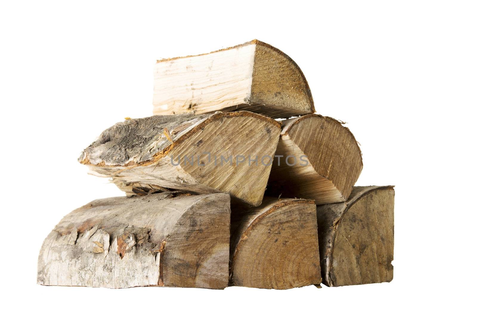 Cut log fire wood from birch-tree. Isolated on white.