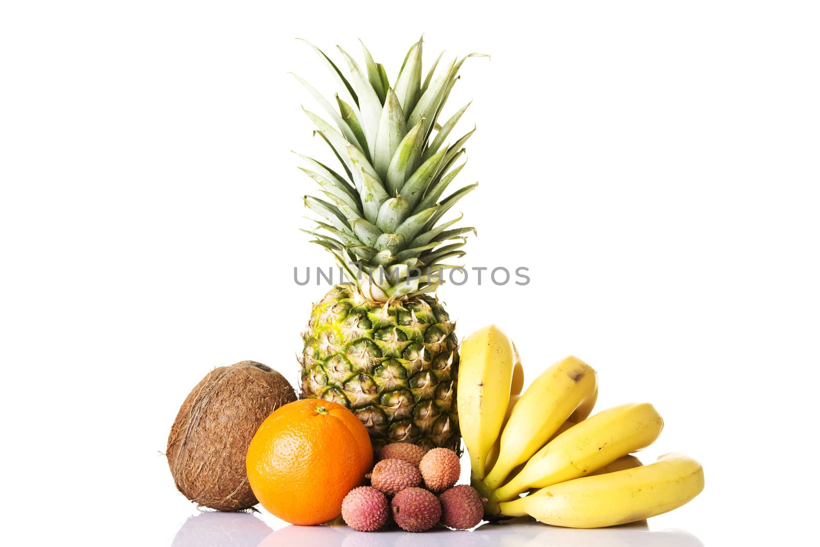 Assortment of exotic tropical fruits, isolated on white