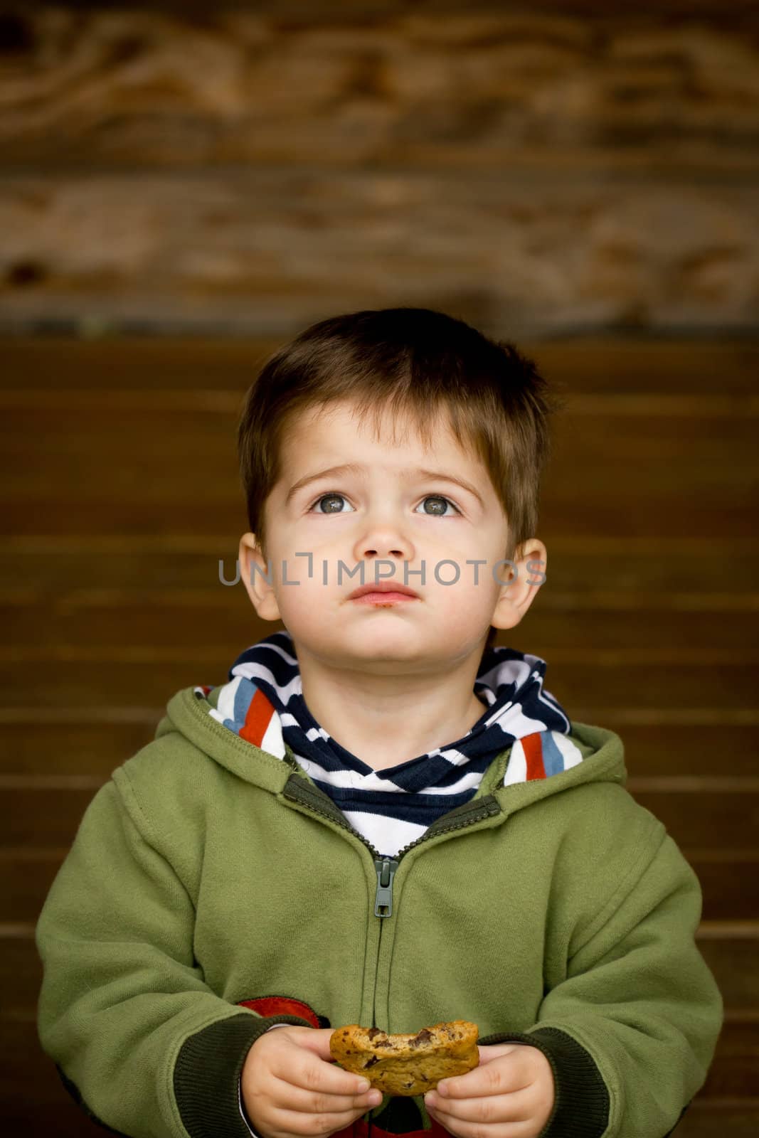 Photograph of a cute, blue-eyed, brown-haired little boy in a green sweatshirt looking upward while eating a cookie