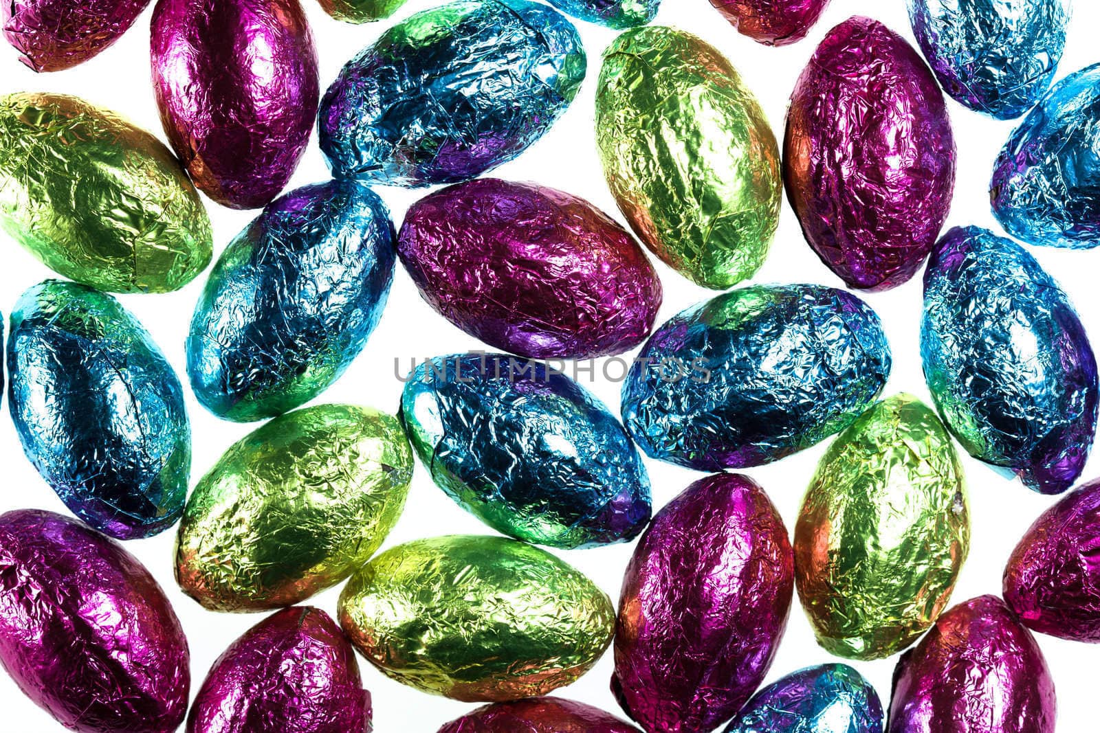 Photograph of multi-colored, foil-wrapped, egg-shaped Easter candies.