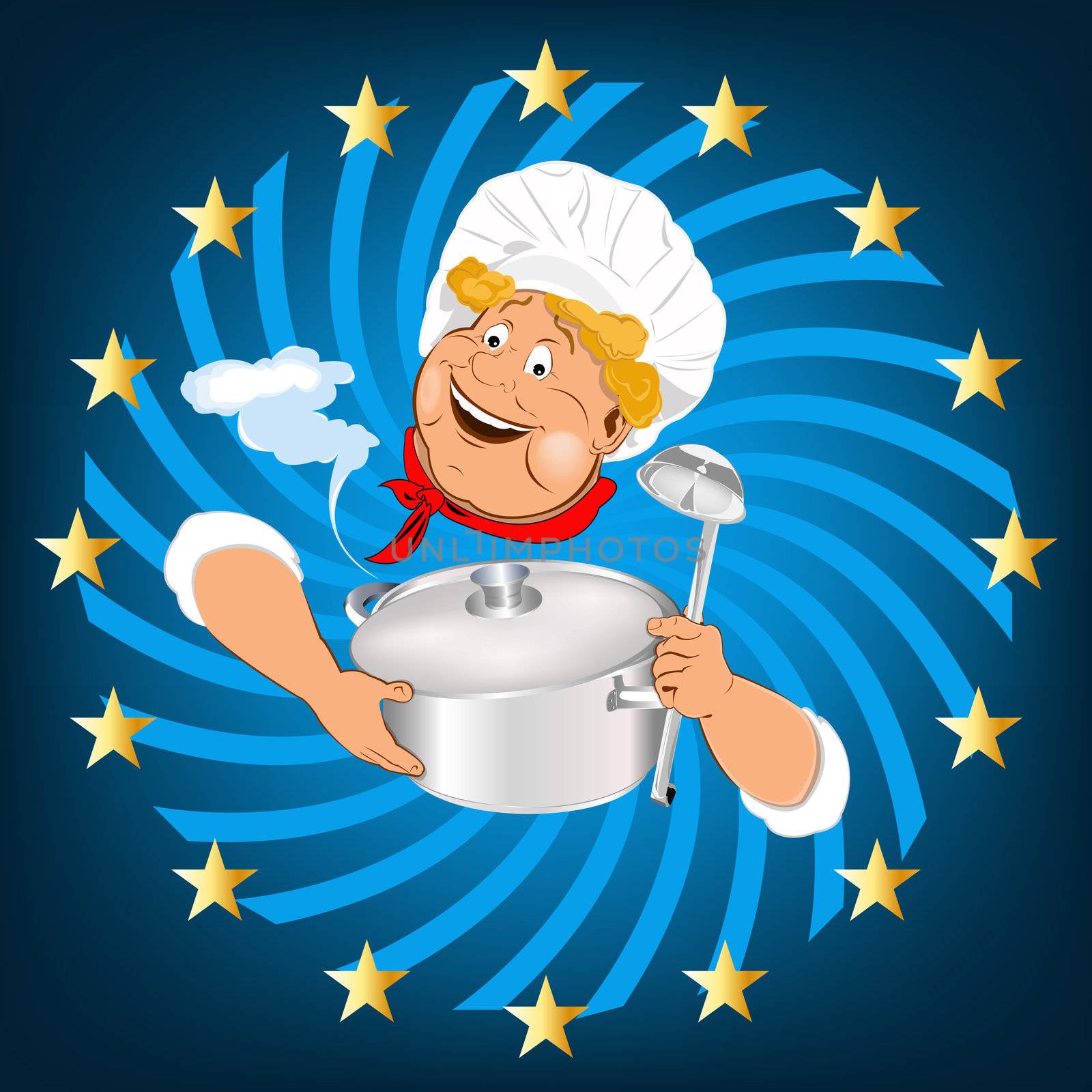 Funny Chef and big saucepan with spoon.Emblem healthy food