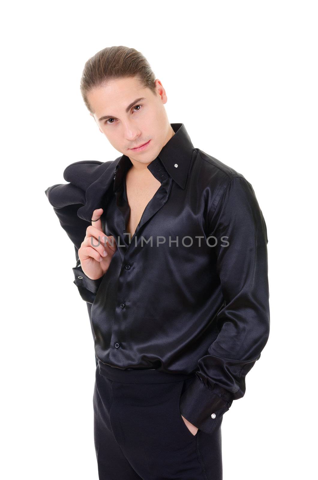 Fashion shot of an elegant handsome young man macho in black suit, isolated on white background 