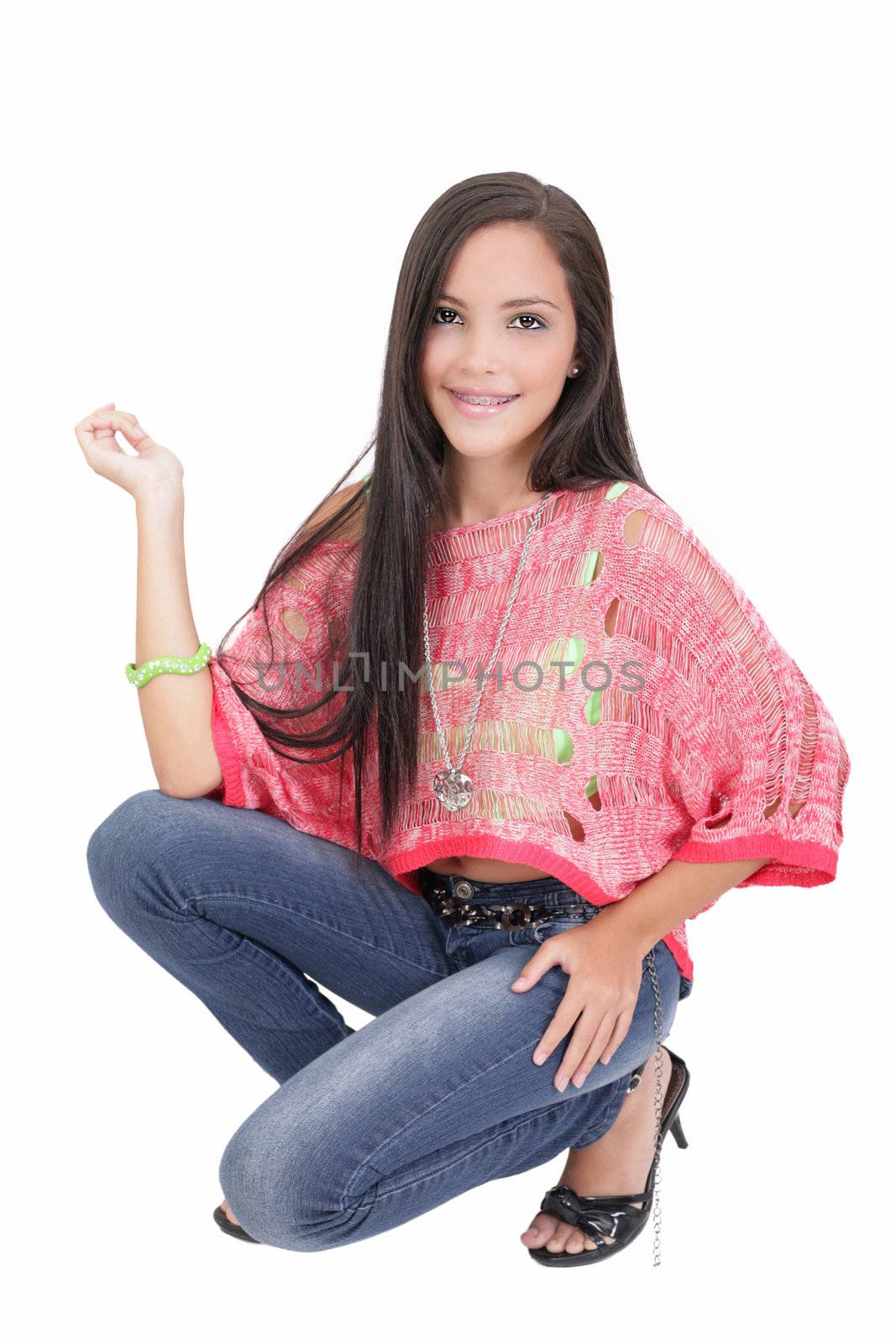 Young brunette woman wearing a jeans isolated on a white backgro by dacasdo