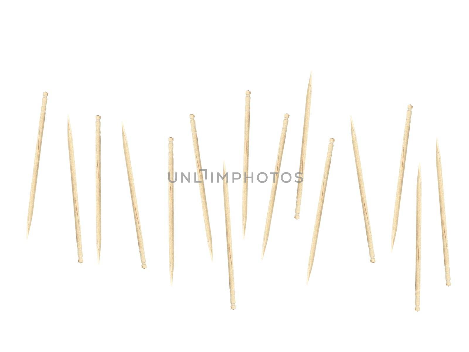 A close up shot of a wooden toothpicks on white