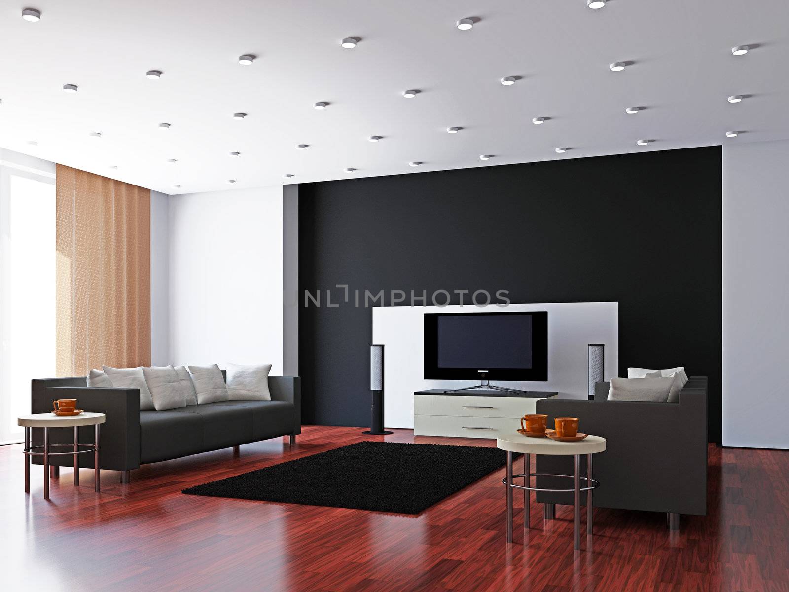 Livingroom with furniture and a TV near the wall