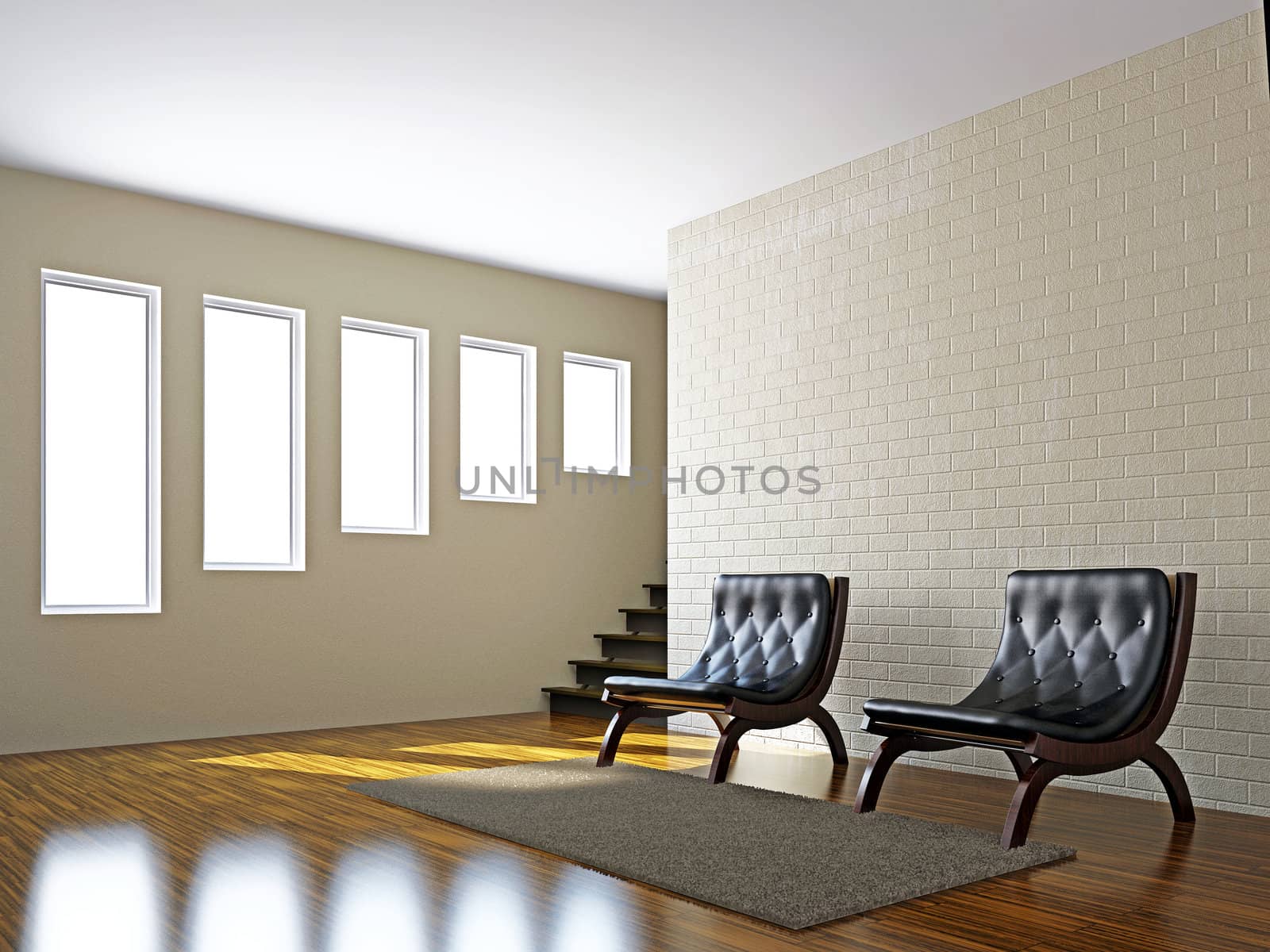 Livingroom with leather chairs  near the wall