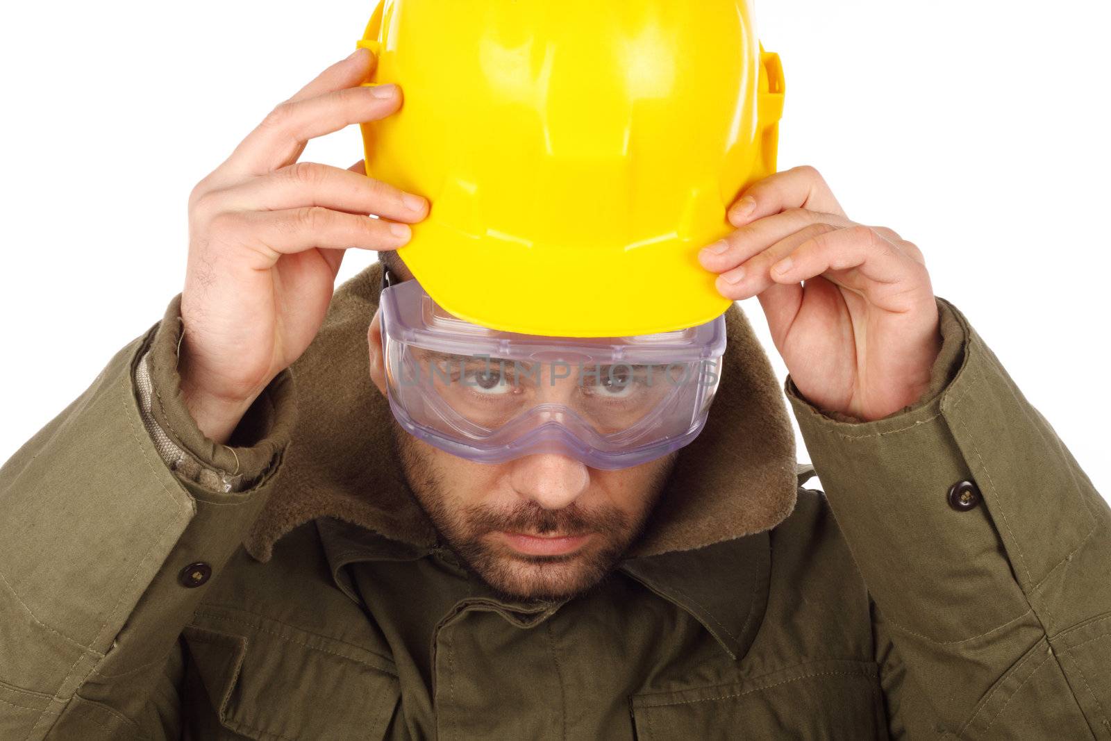 worker with yellow helmet over white 