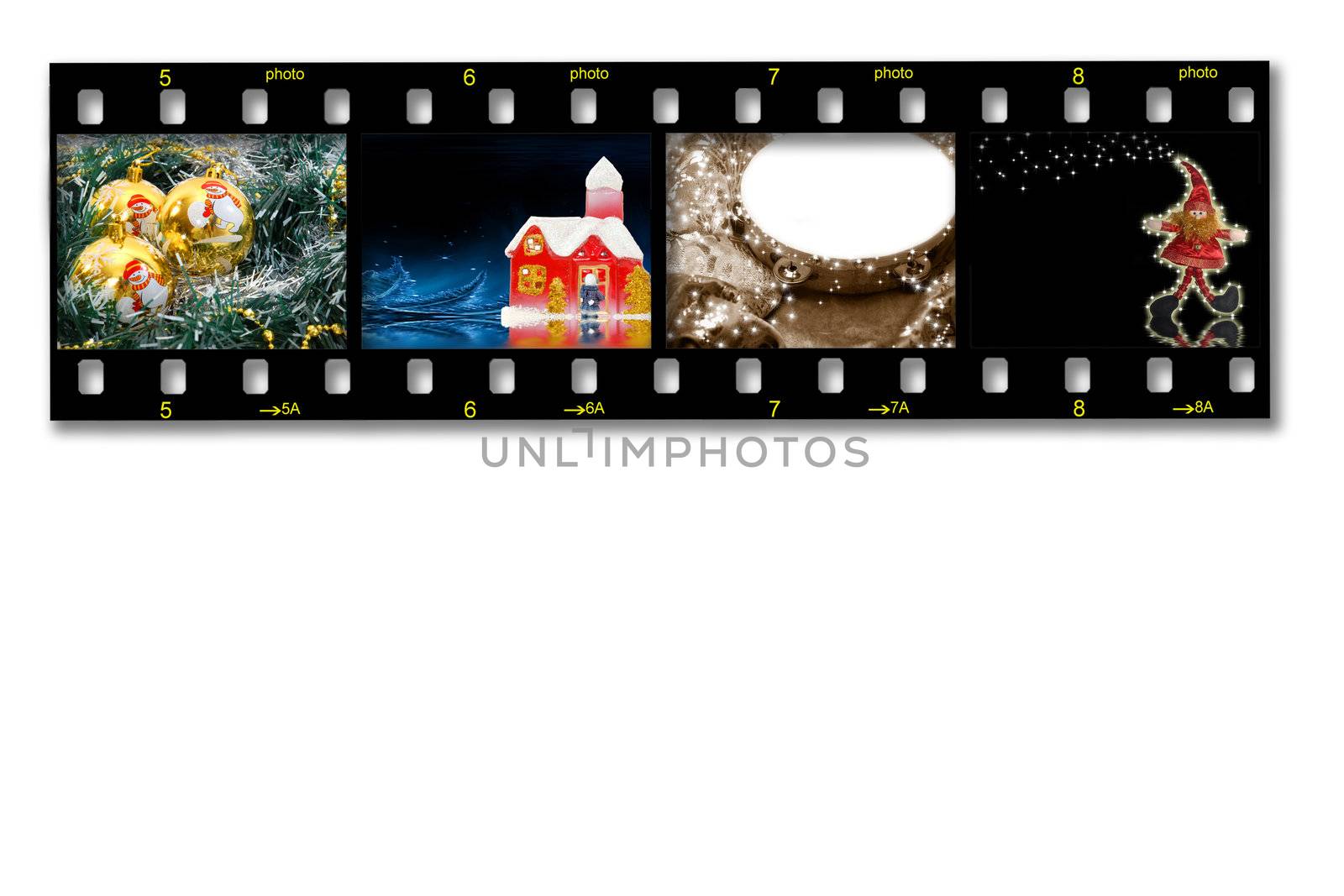 35mm slide film with Christmas photos on white background