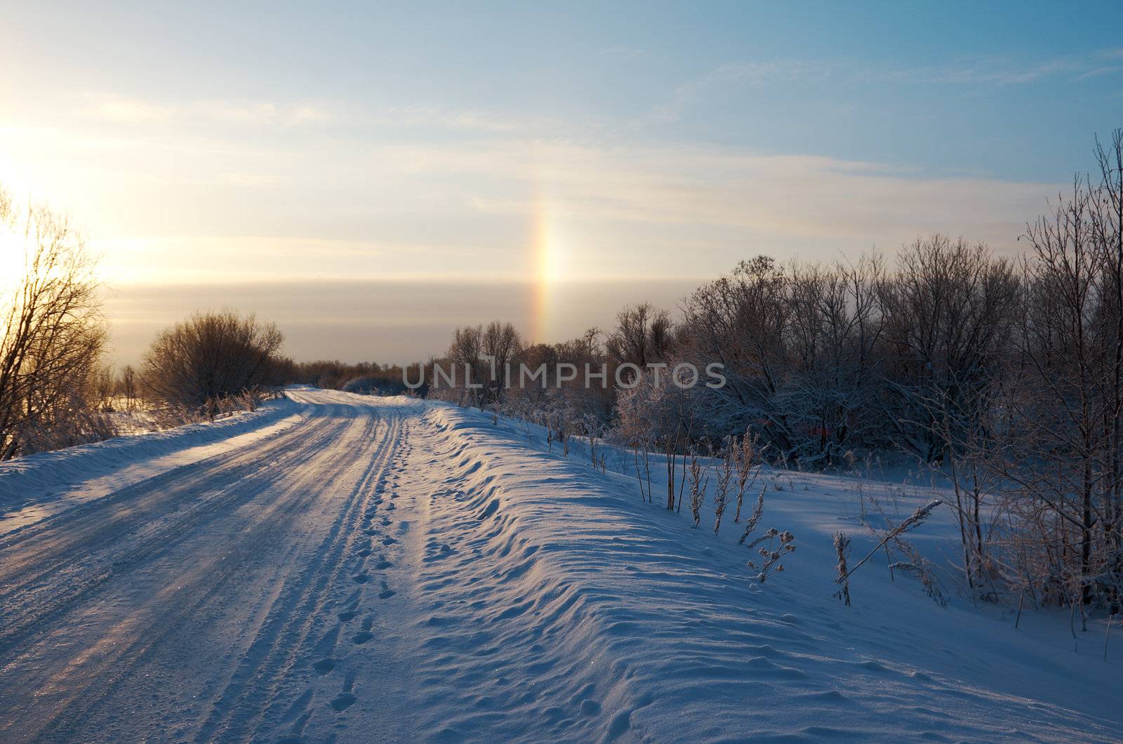 Road in a countryside in sunny winter rainbow day.Frozen trees in snowy field