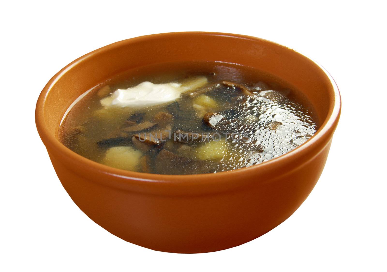 Russian sauerkraut soup with mushrooms and pearl barley.home made mushroom soup