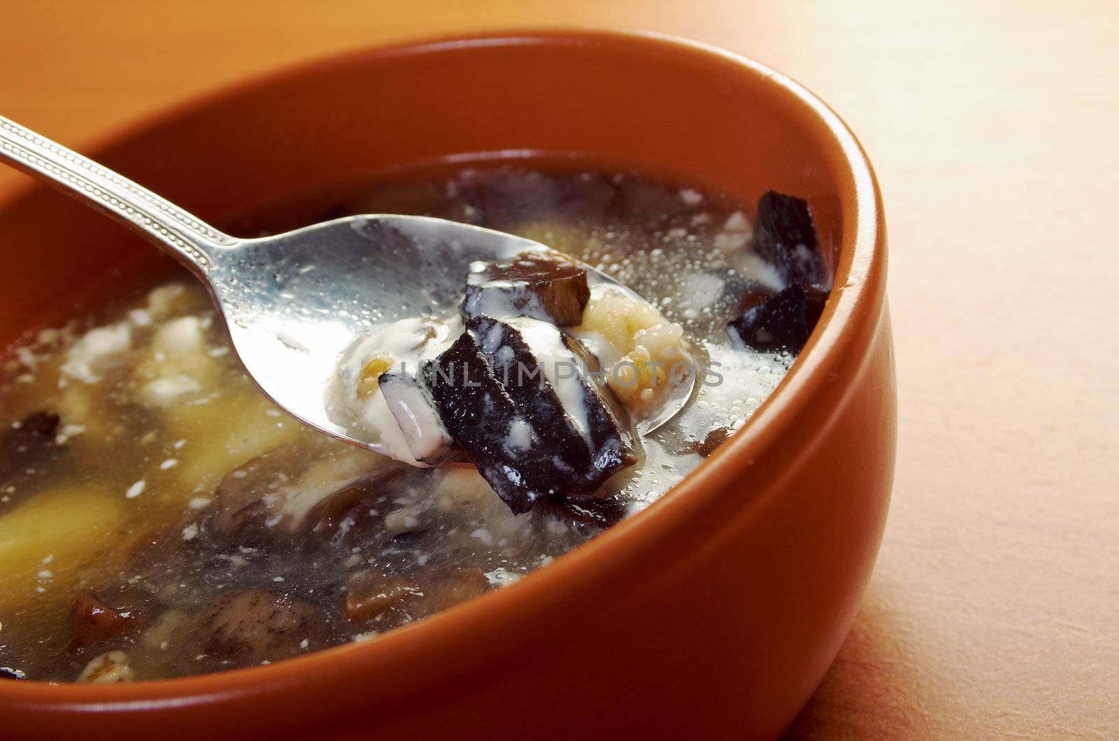 Russian sauerkraut soup with mushrooms and pearl barley.home made mushroom soup