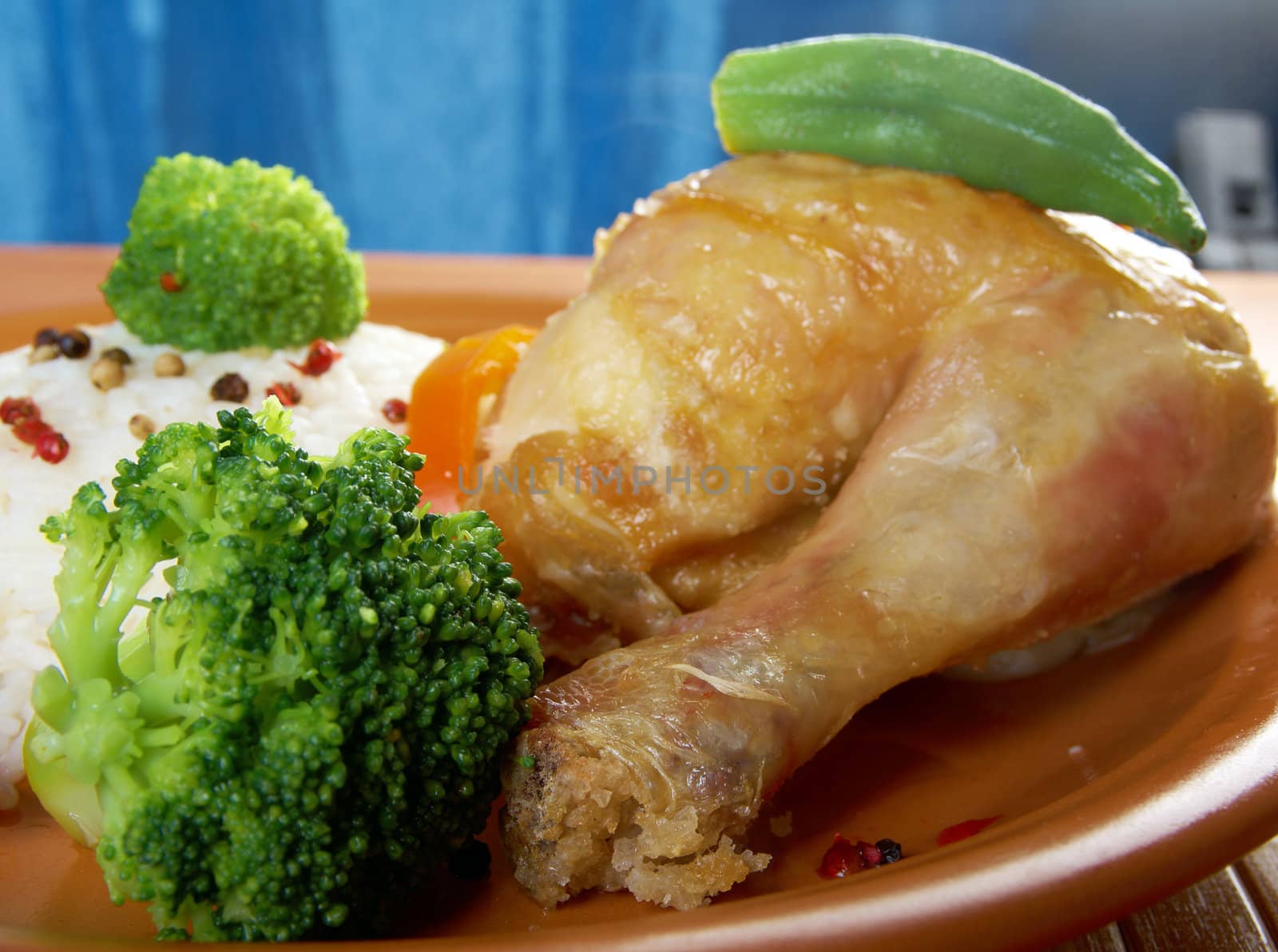 Rice and chicken  and vegetables.сloseup