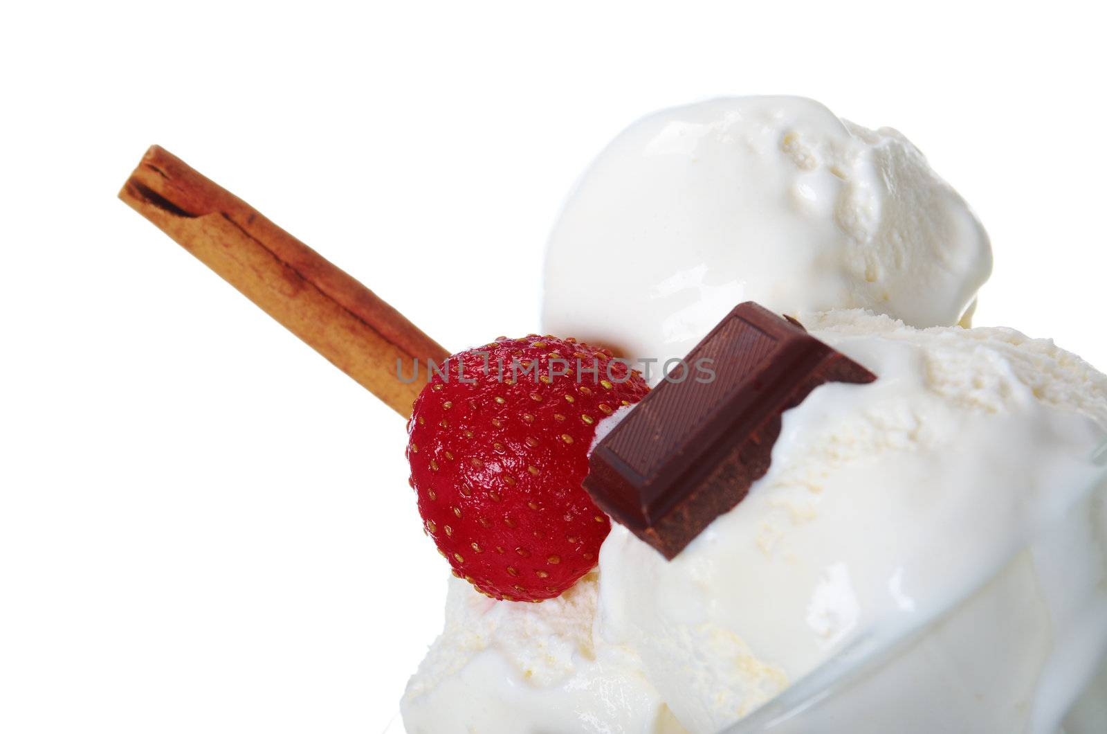 ice cream with strawberries and chocolate  in a glass vase. closeup.isolated on white background.
