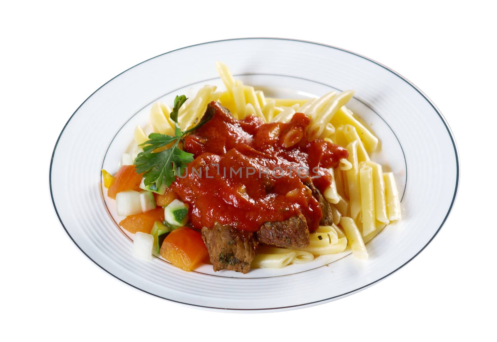  pasta with tomato beef sauce  isolated  on white background