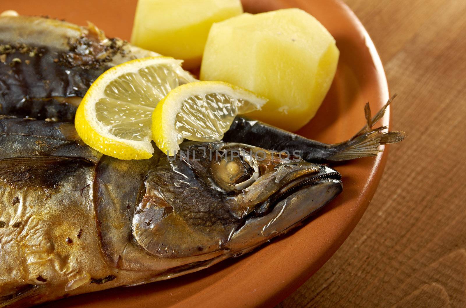 Mackerel on a grill. Fish prepared  with vegetables