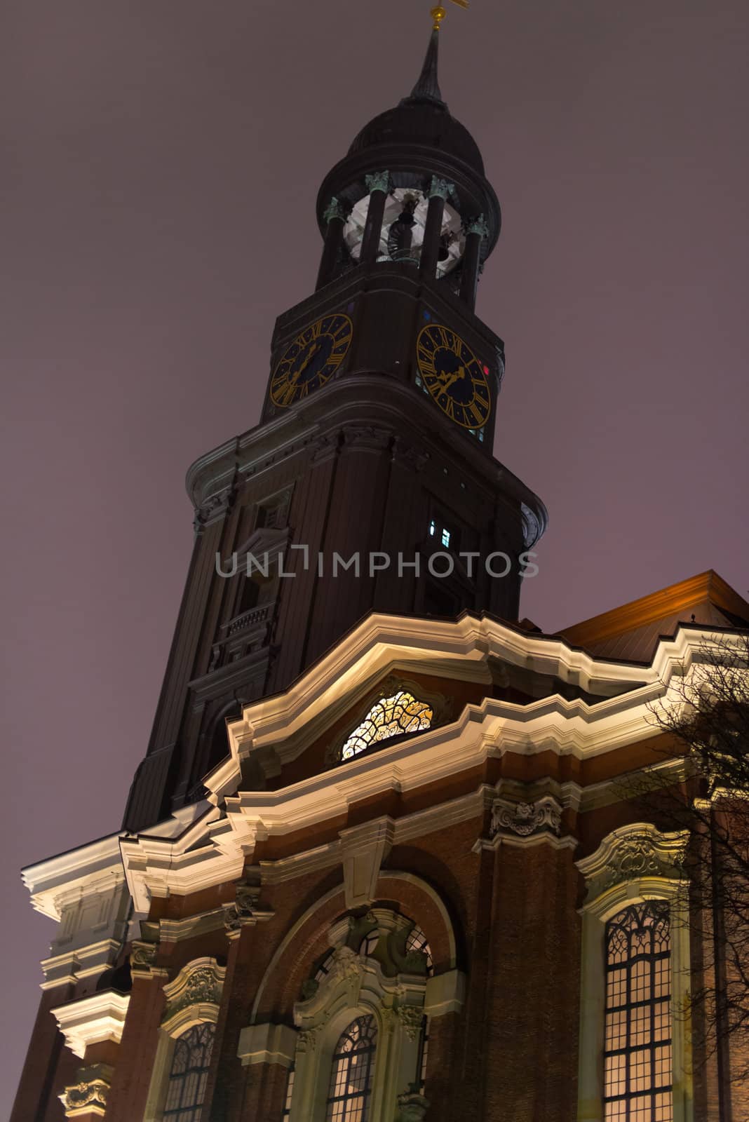 St. Michaelis, commonly known as Michel, main church of Hamburg, Germany at dusk