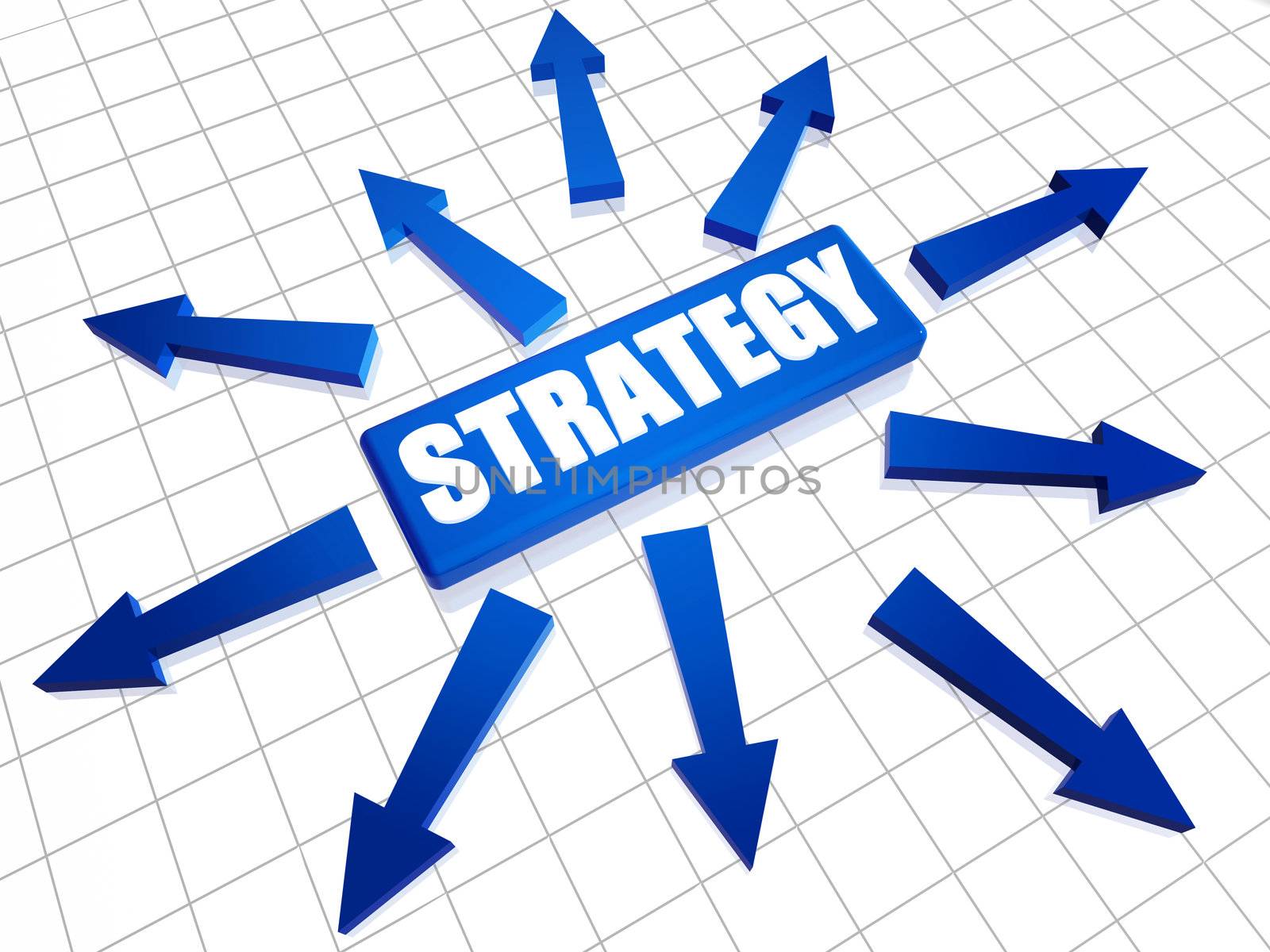 Blue Strategy 3d box with arrows over white