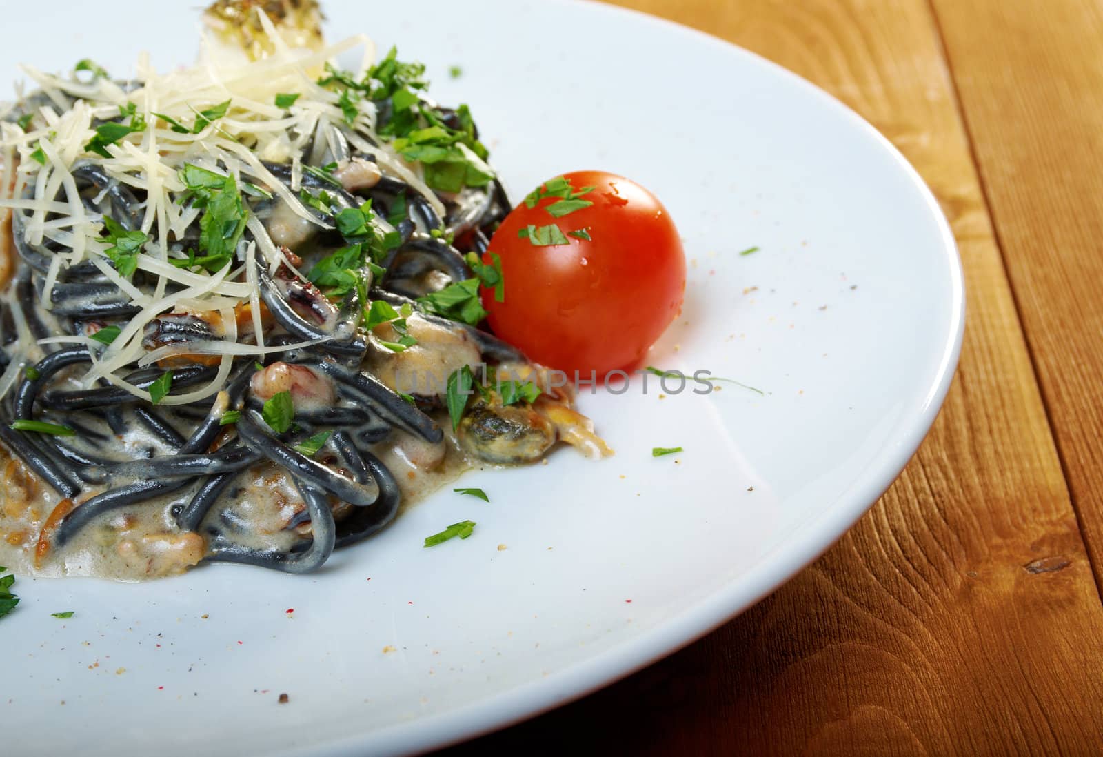 Spaghetti al Nero di Seppia.pasta nera algaes, seafoods,