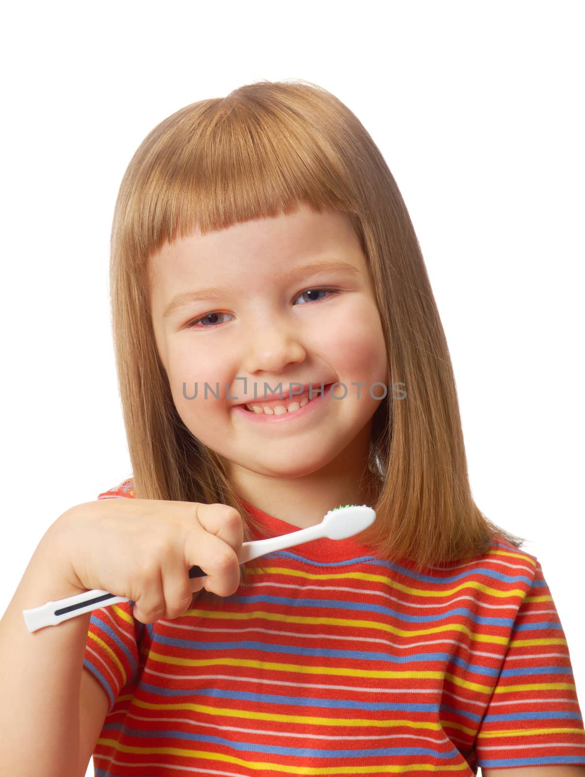 Girl with toothbrush  isolated on a white background. 