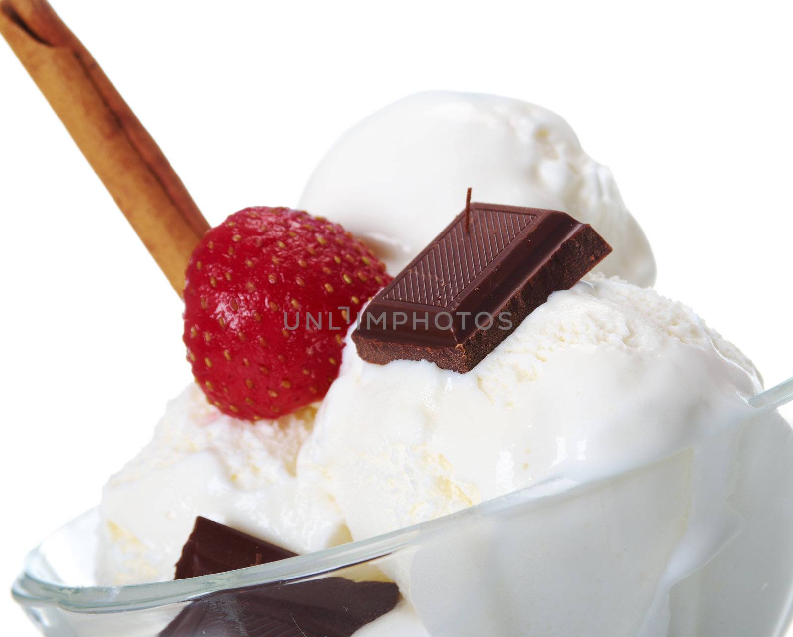 ice cream with strawberries and chocolate  in a glass vase. closeup.isolated on white background.
