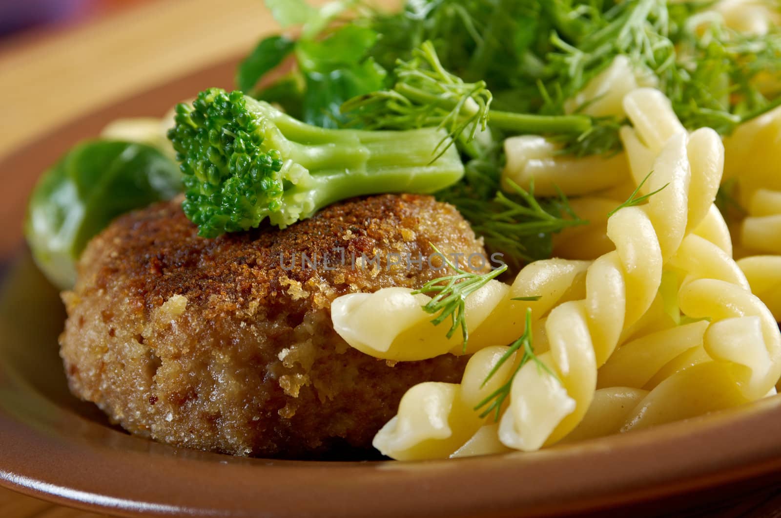 delicious macaroni pasta  with beef cutlets,vegetableon