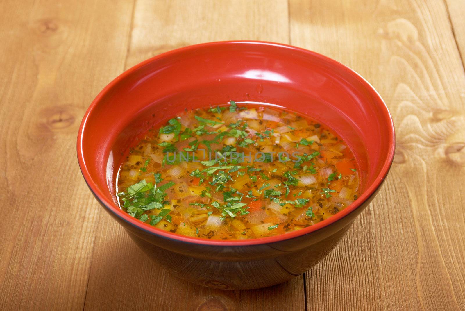 Closeup of bowl of hot fresh Minestrone soup