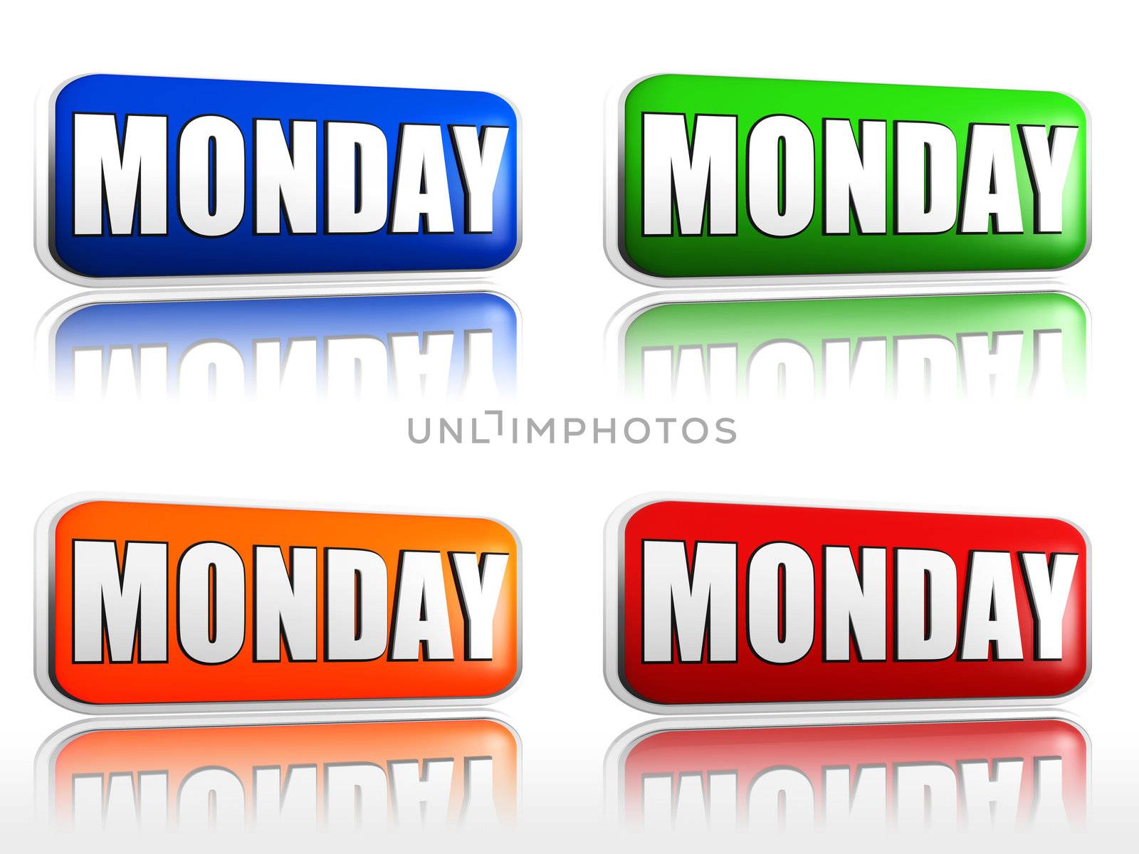 Monday Four color buttons with sign red, blue, orange, green