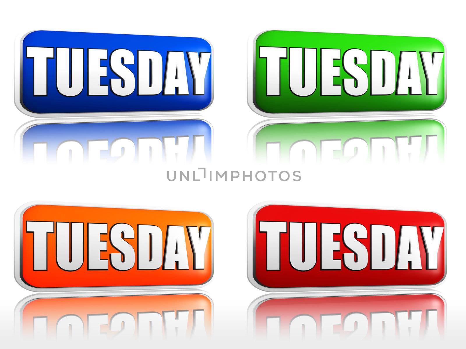 Tuesday Four color buttons with sign red, blue, orange, green