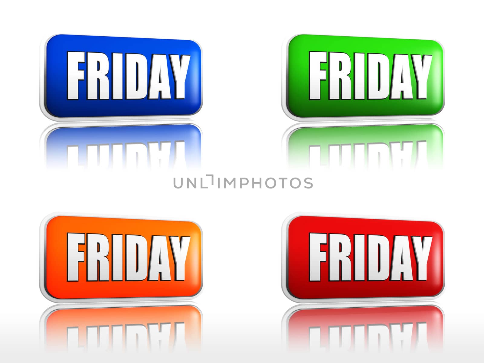 Friday Four color buttons with sign red, blue, orange, green