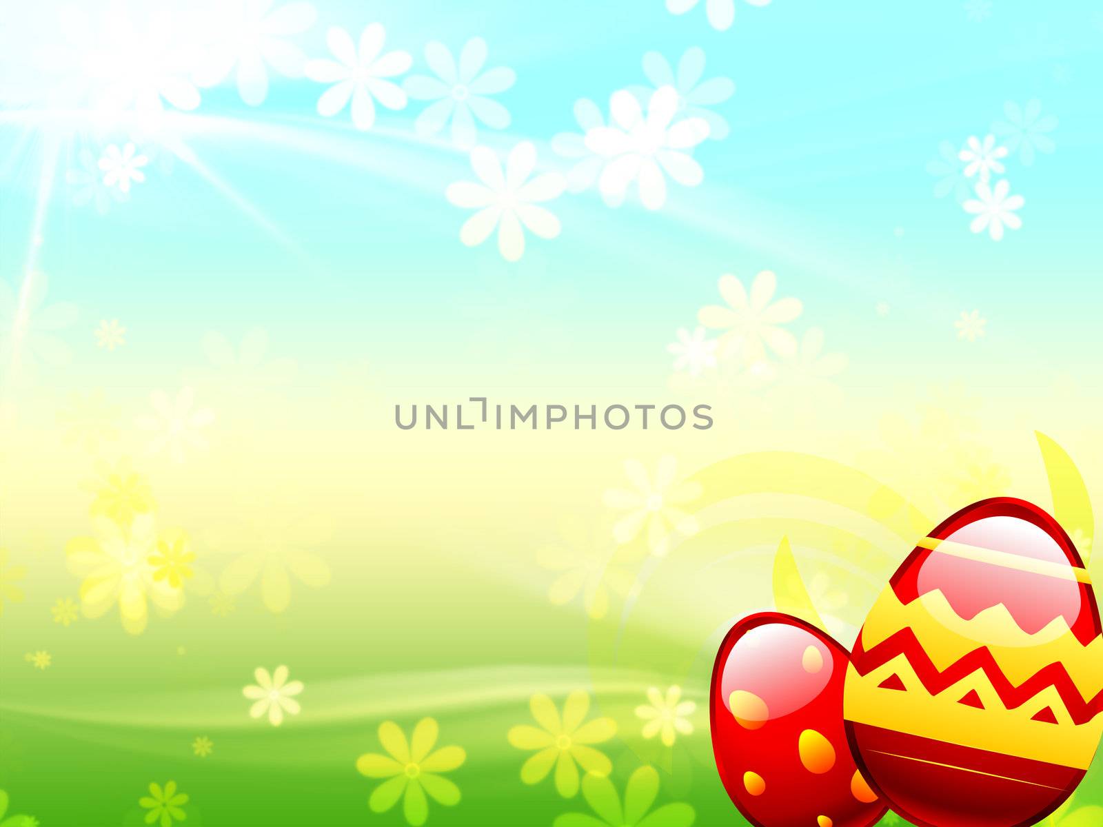 easter background whit red eggs and flowers