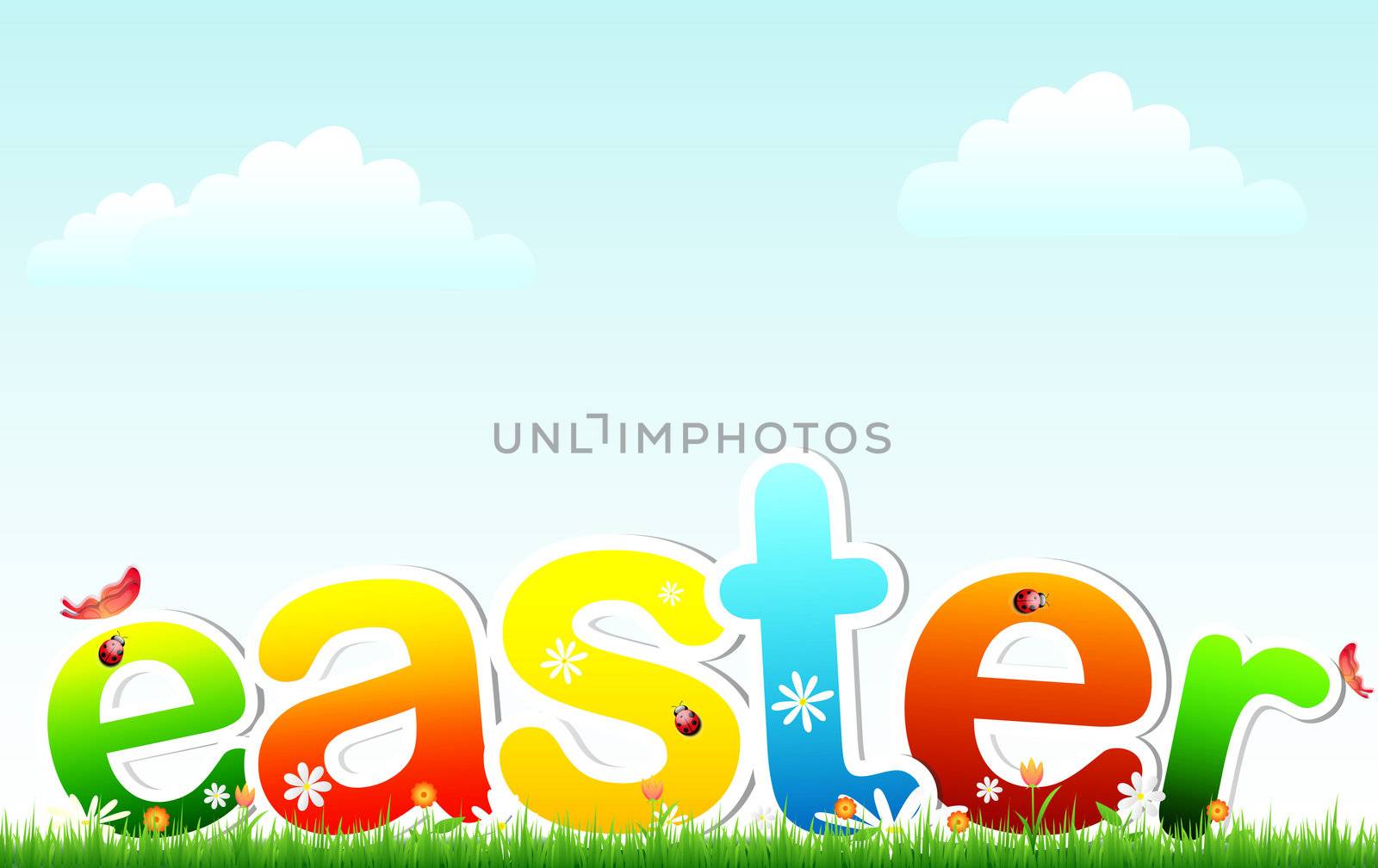Easter- text on grass and flowers with sky