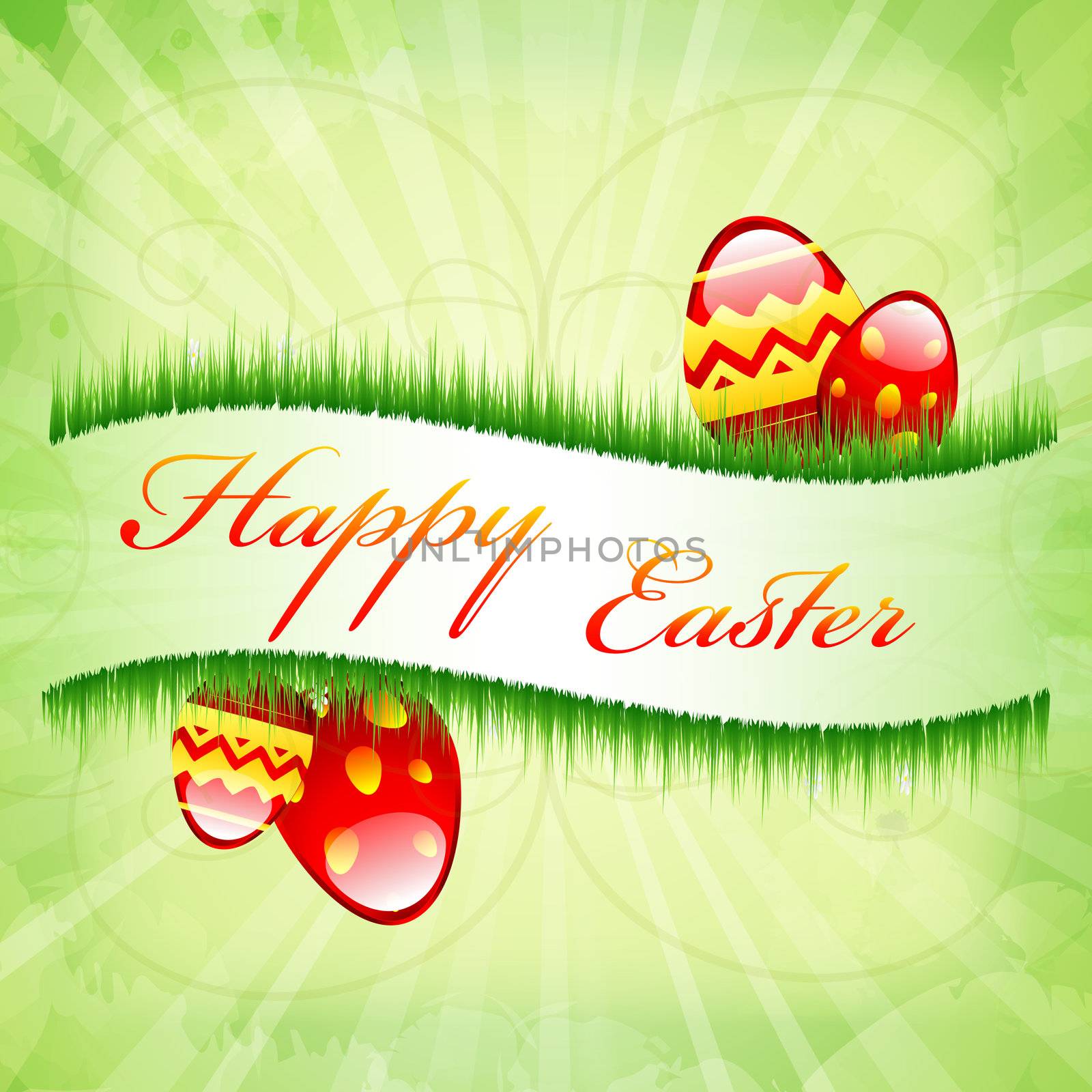 Happy Easter - illustration waves of grass and eggs