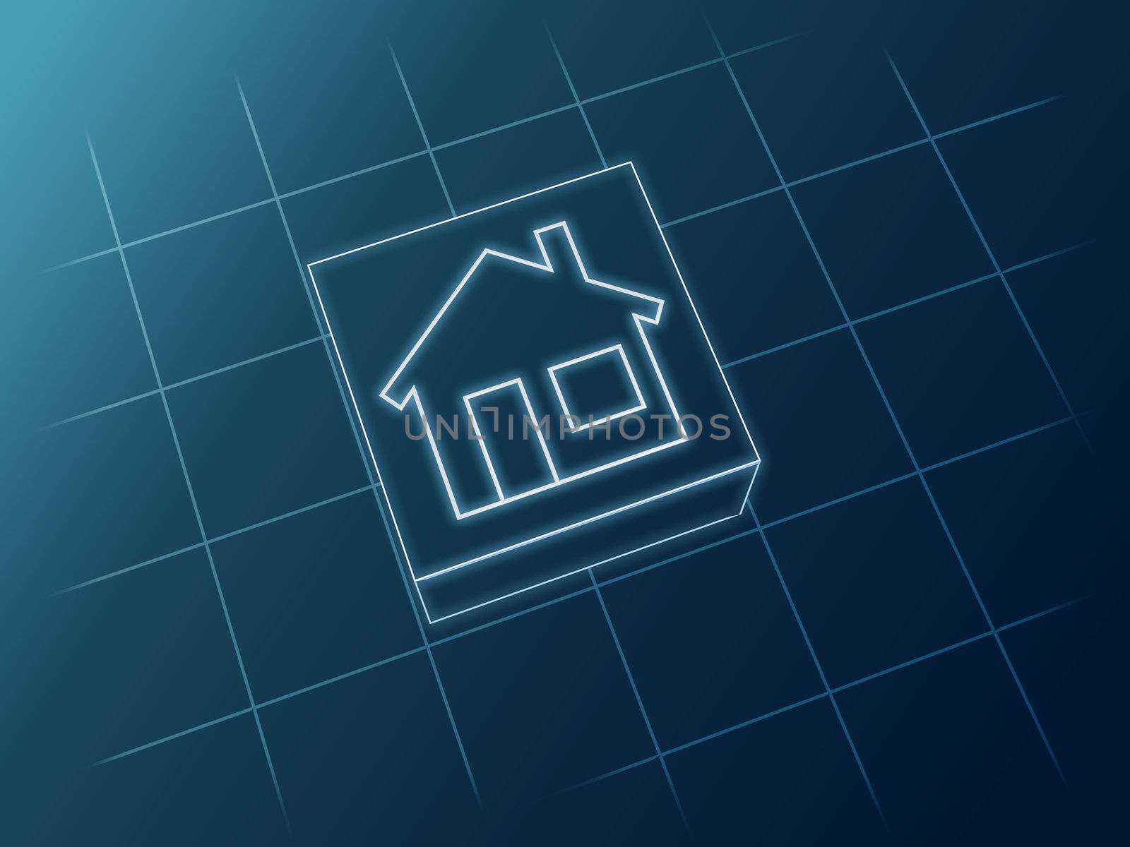 Sketch 3d house icon from white lines over blue