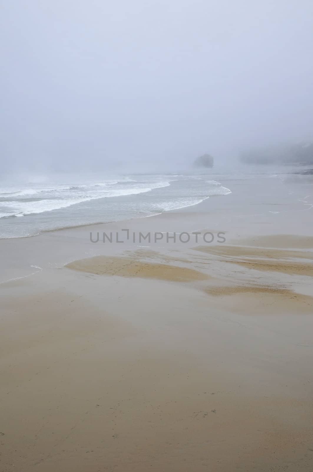 Beach and some rocks under the rain with a misty weather