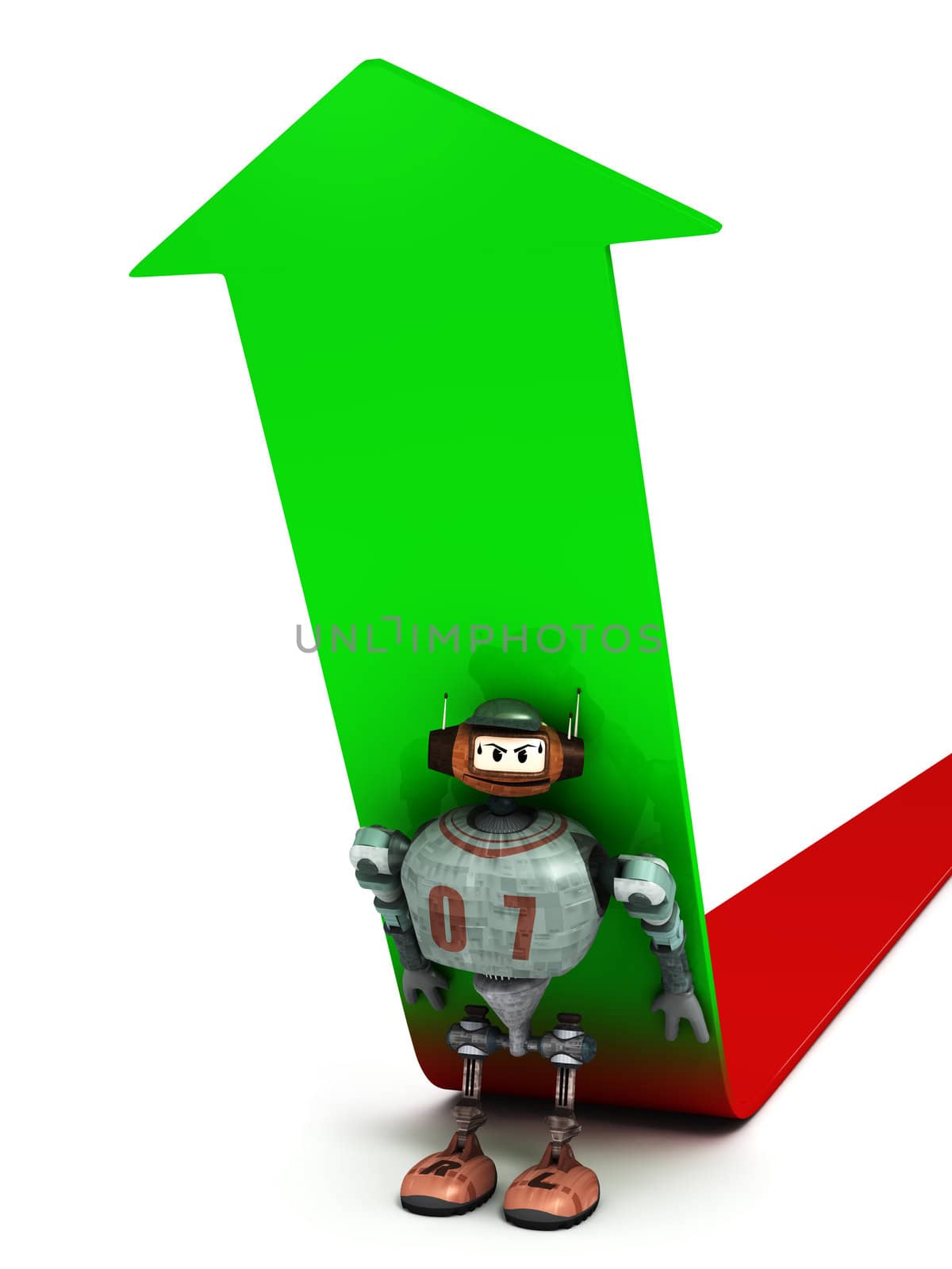 Close view on Djoby the robot forcing an arrow to go up with a white background