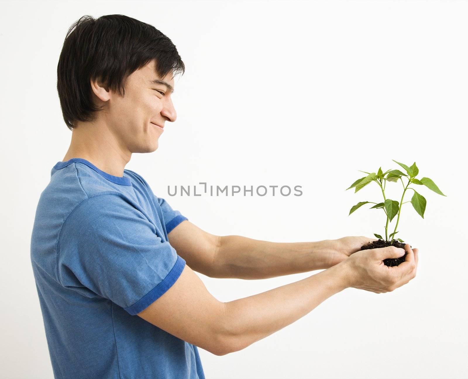 Asian man standing holding growing cayenne plant.
