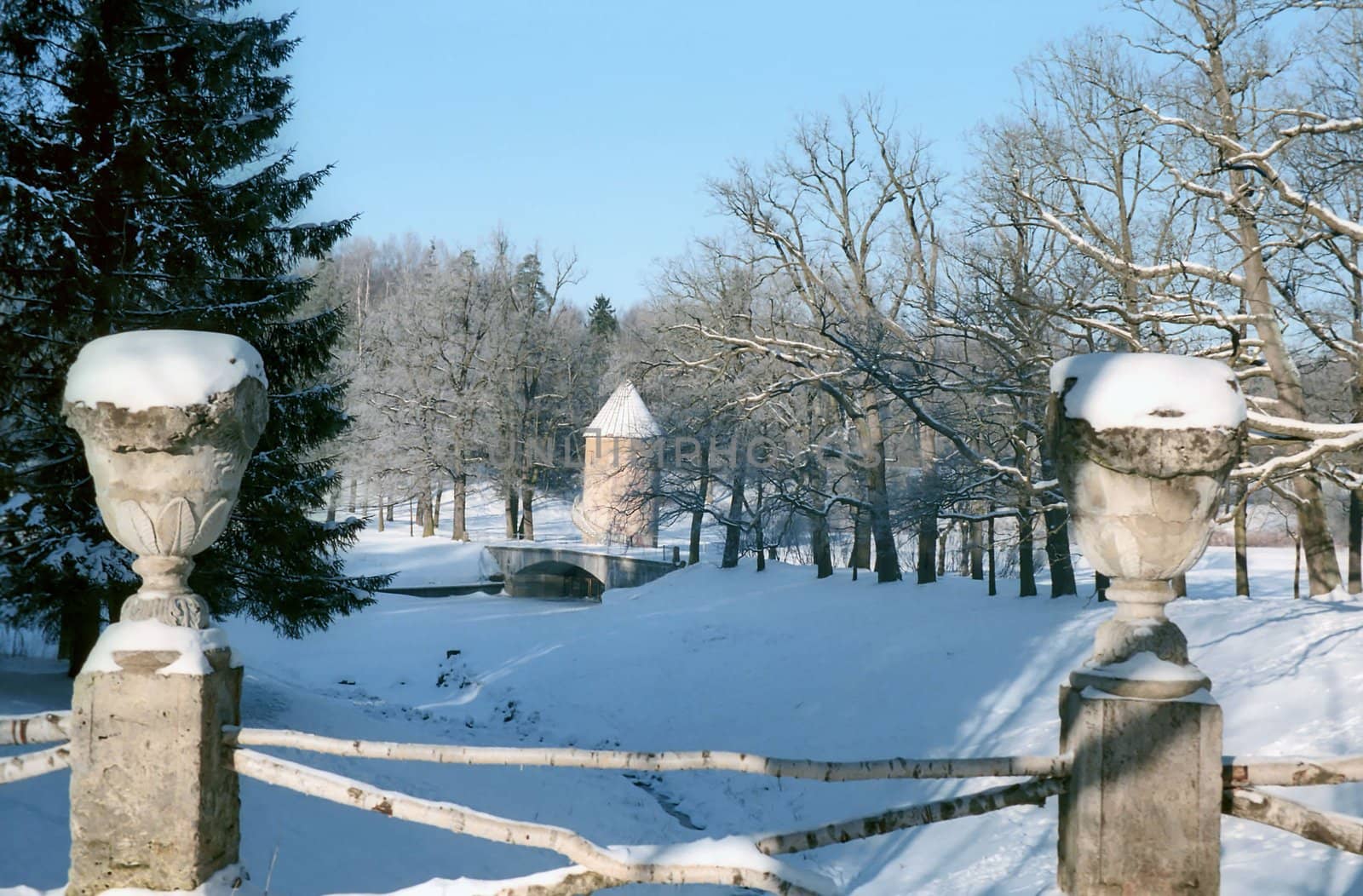 View of the winter park with vase decoration