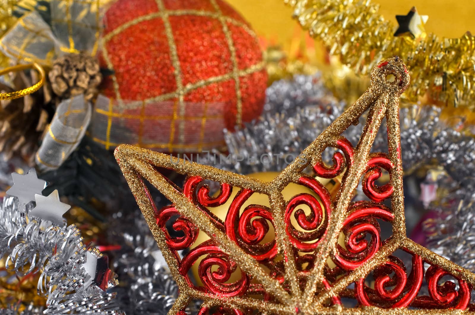 Close up of a Christmas star ornament with shallow depth of field