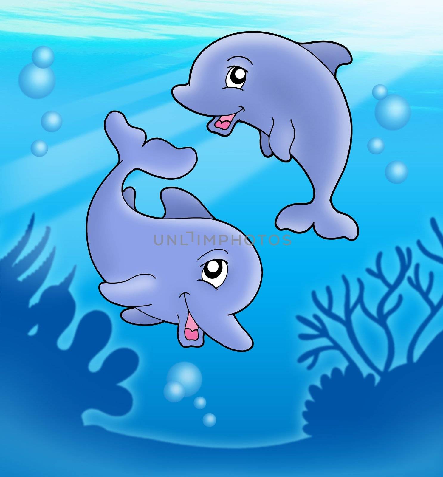Pair of cute playing dolphins - color illustration.