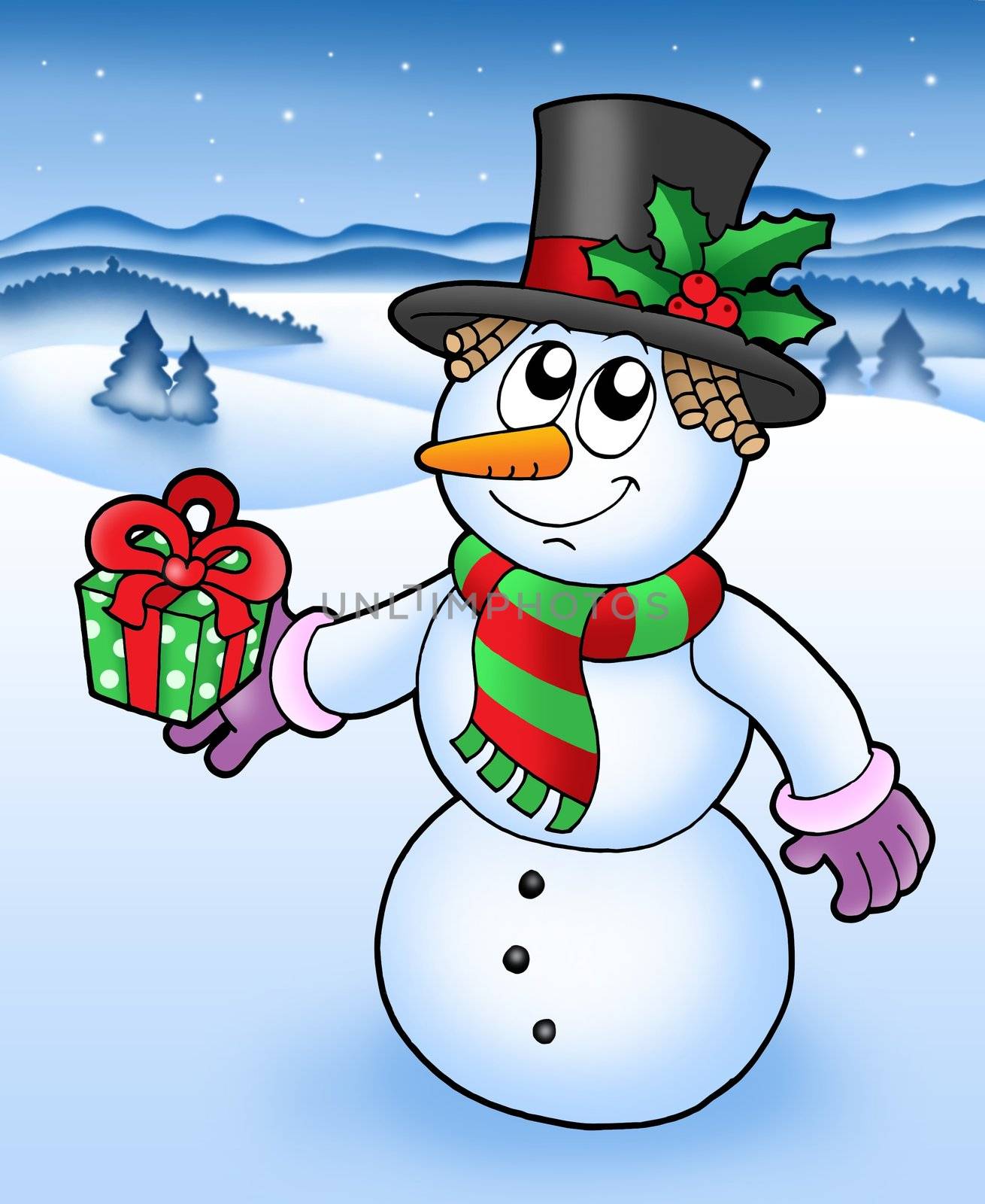 Christmas snowman in snowy landscape - vector illustration.